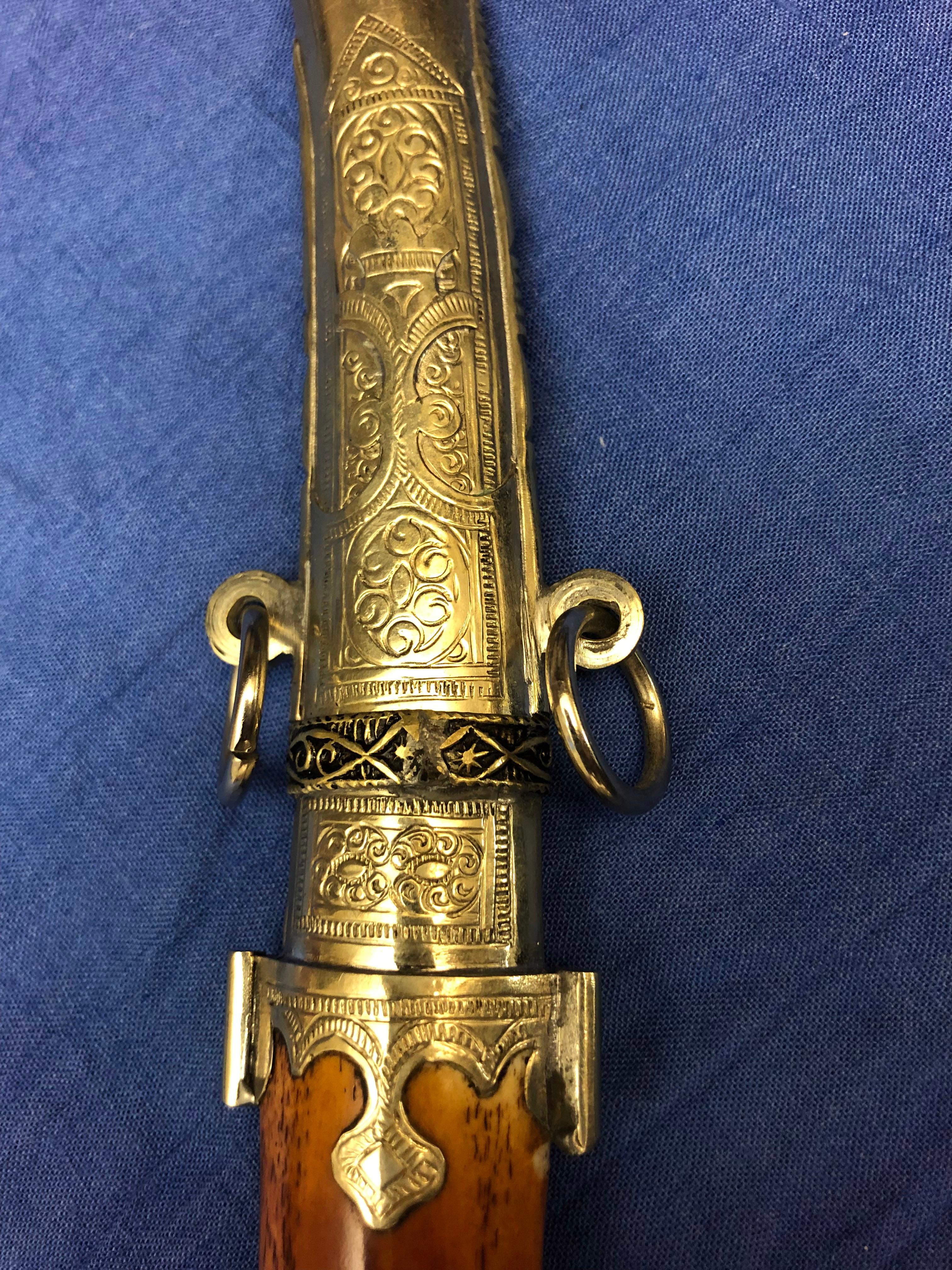 Islamic Moroccan Handmade Koummya Dagger Knife, Curved Blade Bone Handle Silver Sheath For Sale