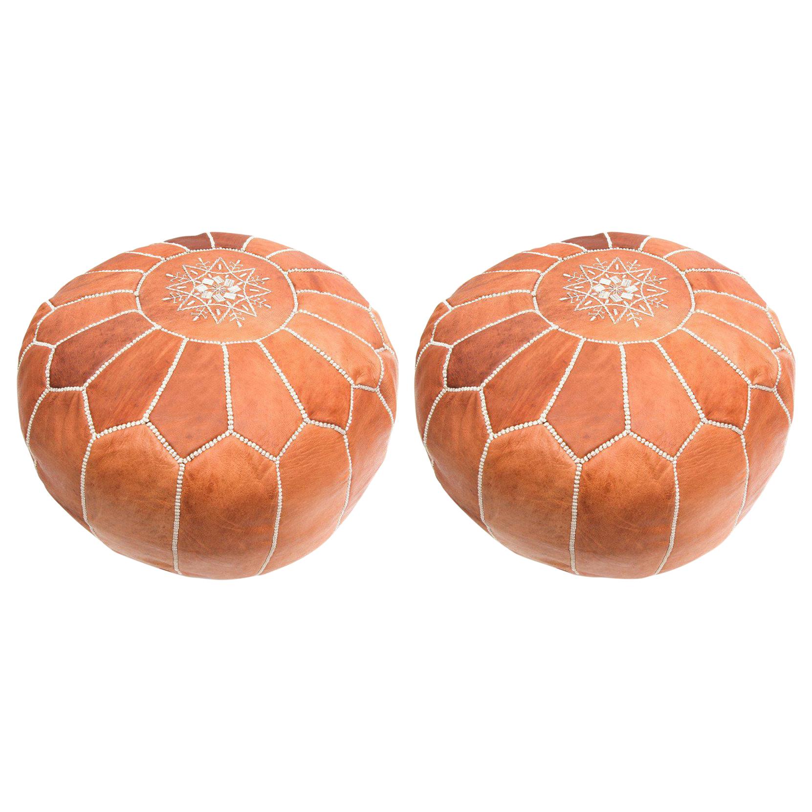 Moroccan Handmade Leather Brown Pouf or Ottoman, a Pair