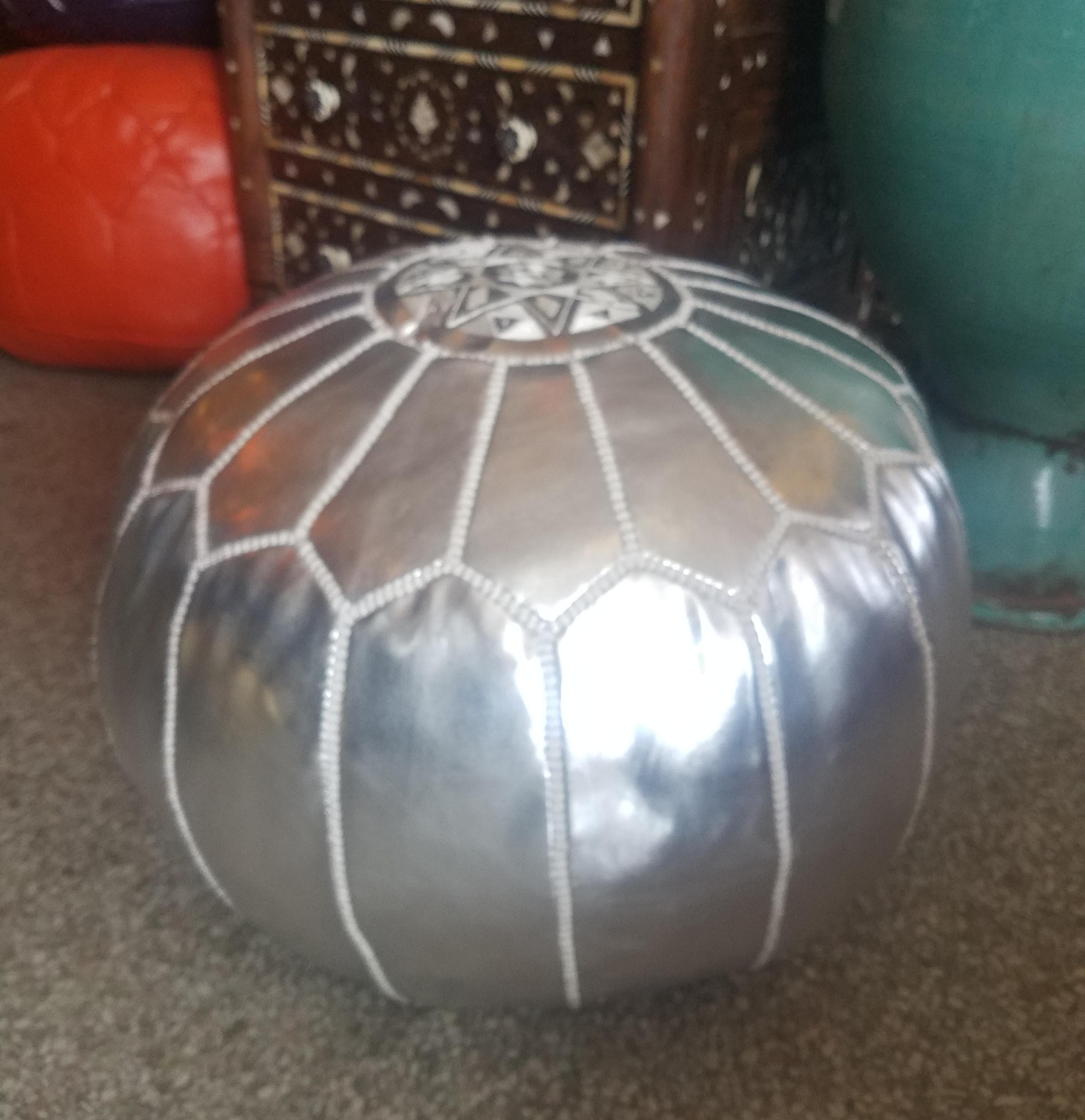 Moroccan Handmade Pouf or Ottoman, Silver In Excellent Condition For Sale In Orlando, FL