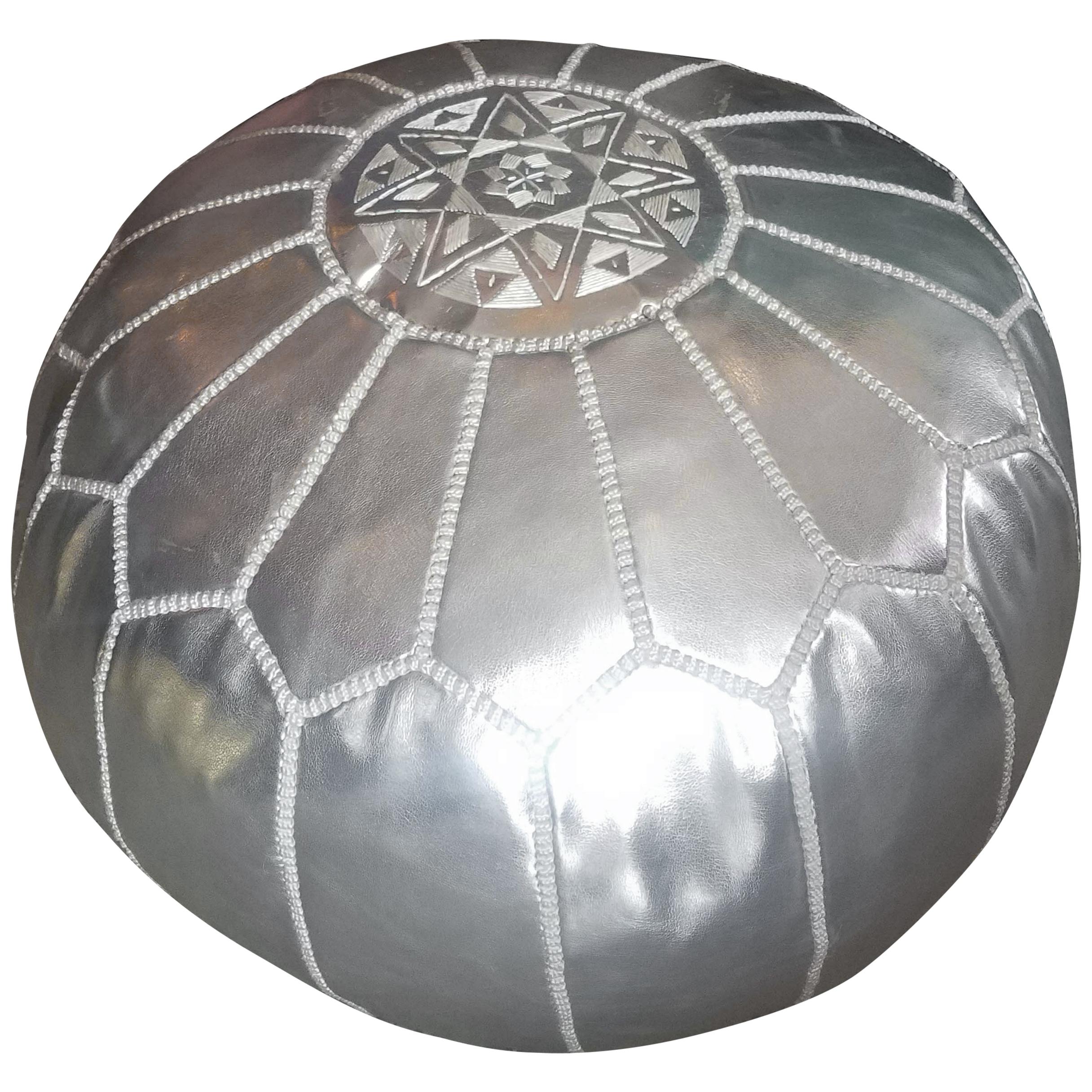 Moroccan Handmade Pouf or Ottoman, Silver For Sale
