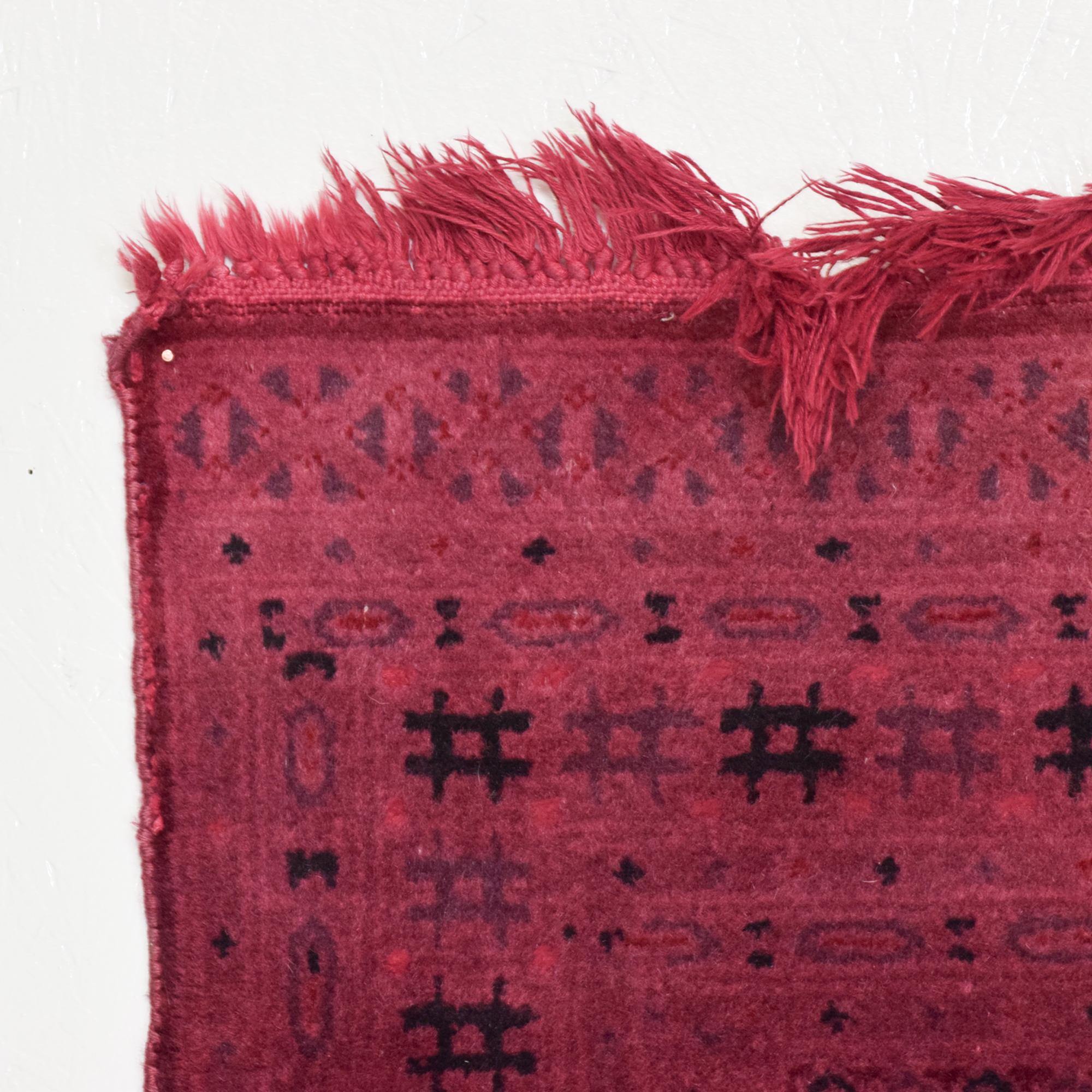 Mid-Century Modern Moroccan Handwoven Wool Rug Geometric Graphic Tapestry in Burgundy Vintage 1970s