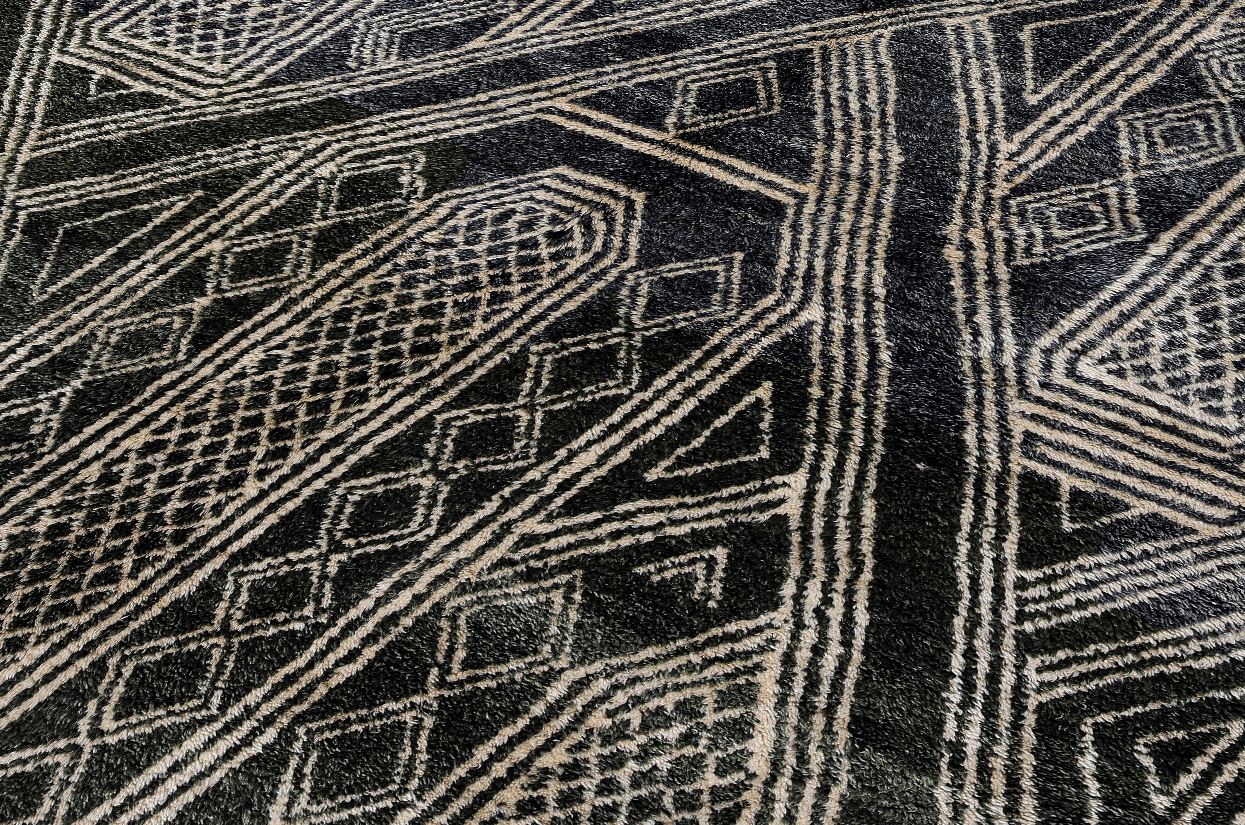 Organic Modern Moroccan Handwoven Wool Rug – Tribal Indigo and Ivory Geometric Design For Sale