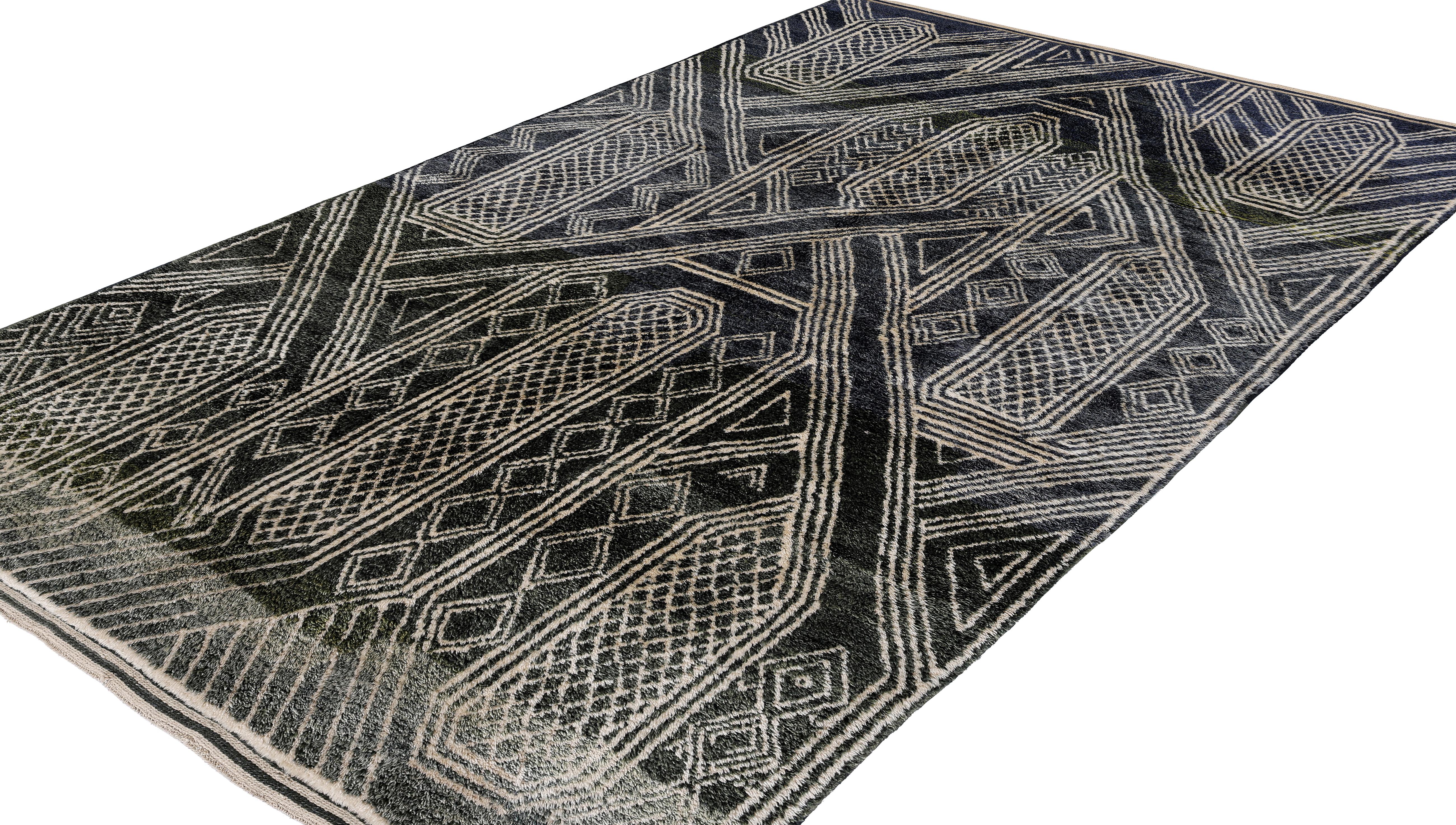 Hand-Knotted Moroccan Handwoven Wool Rug – Tribal Indigo and Ivory Geometric Design For Sale