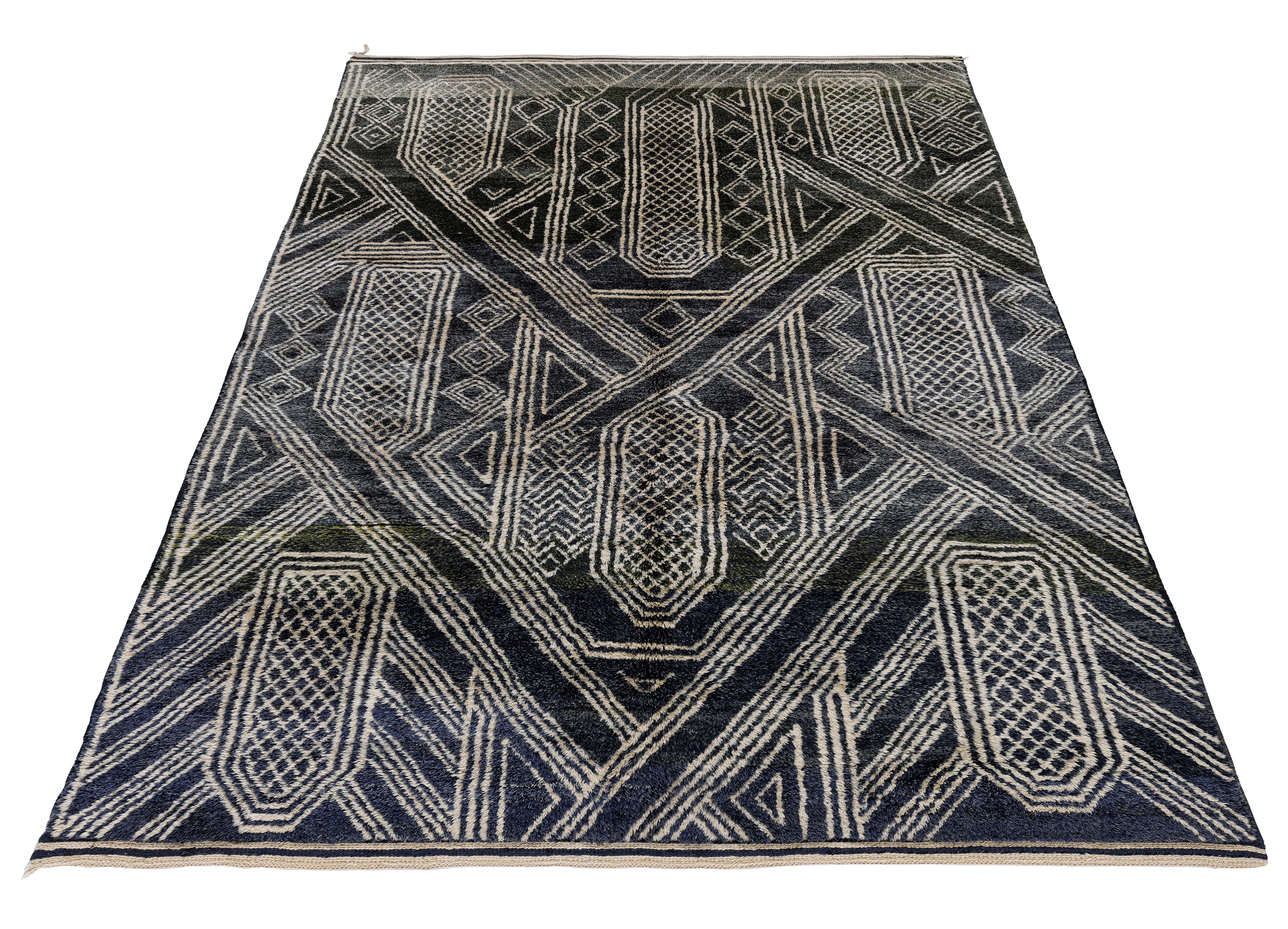 Contemporary Moroccan Handwoven Wool Rug – Tribal Indigo and Ivory Geometric Design For Sale