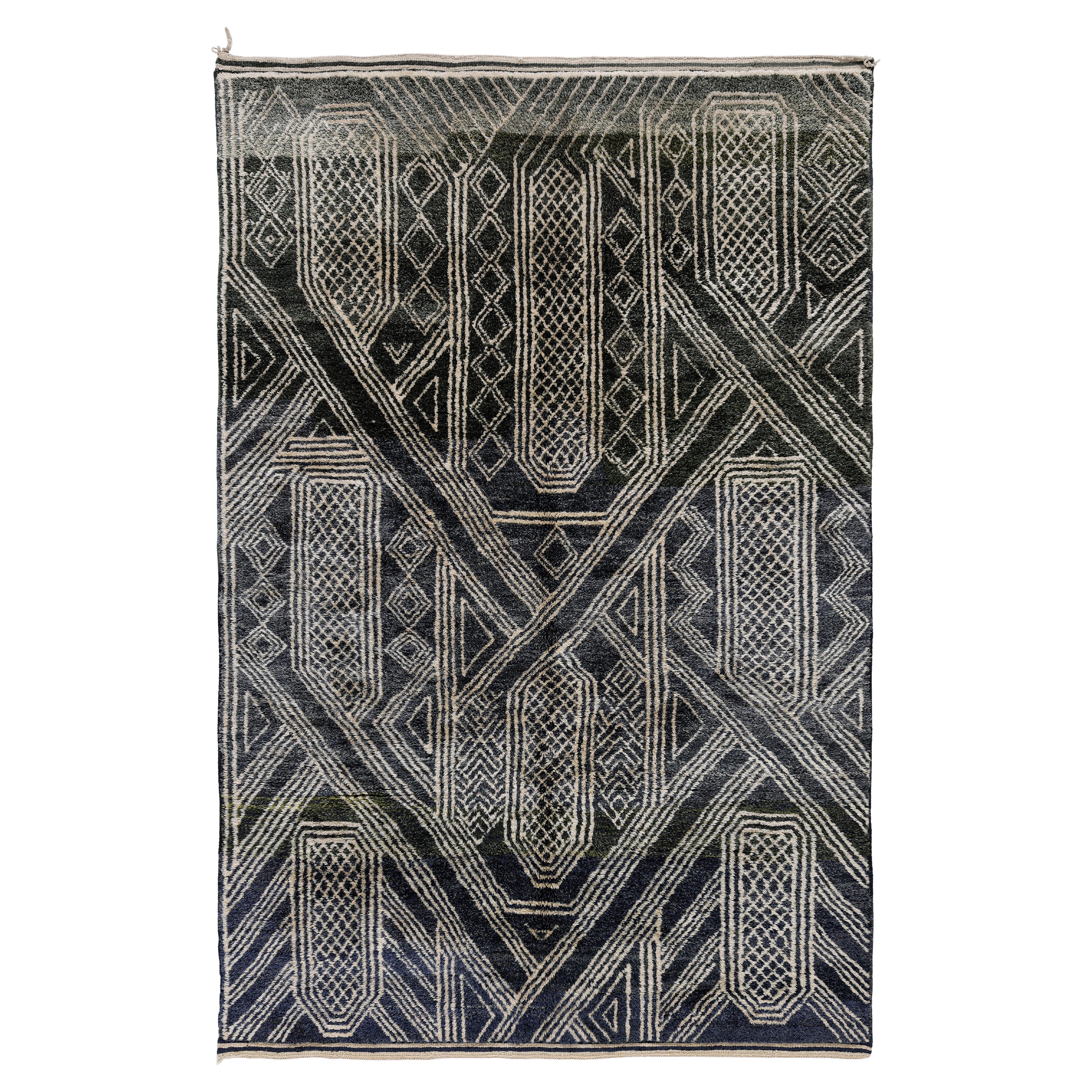 Moroccan Handwoven Wool Rug – Tribal Indigo and Ivory Geometric Design For Sale