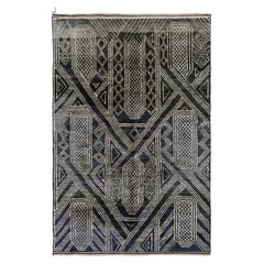 Tappeto marocchino in lana intrecciata a mano - Disegno geometrico tribale indaco e avorio
