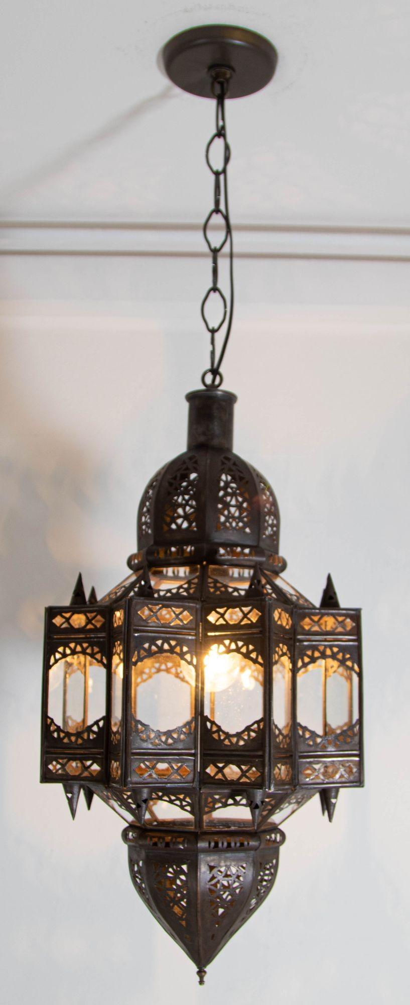 Hand-Crafted Moroccan Hanging Clear Glass Lantern in a Moorish Star Shape For Sale