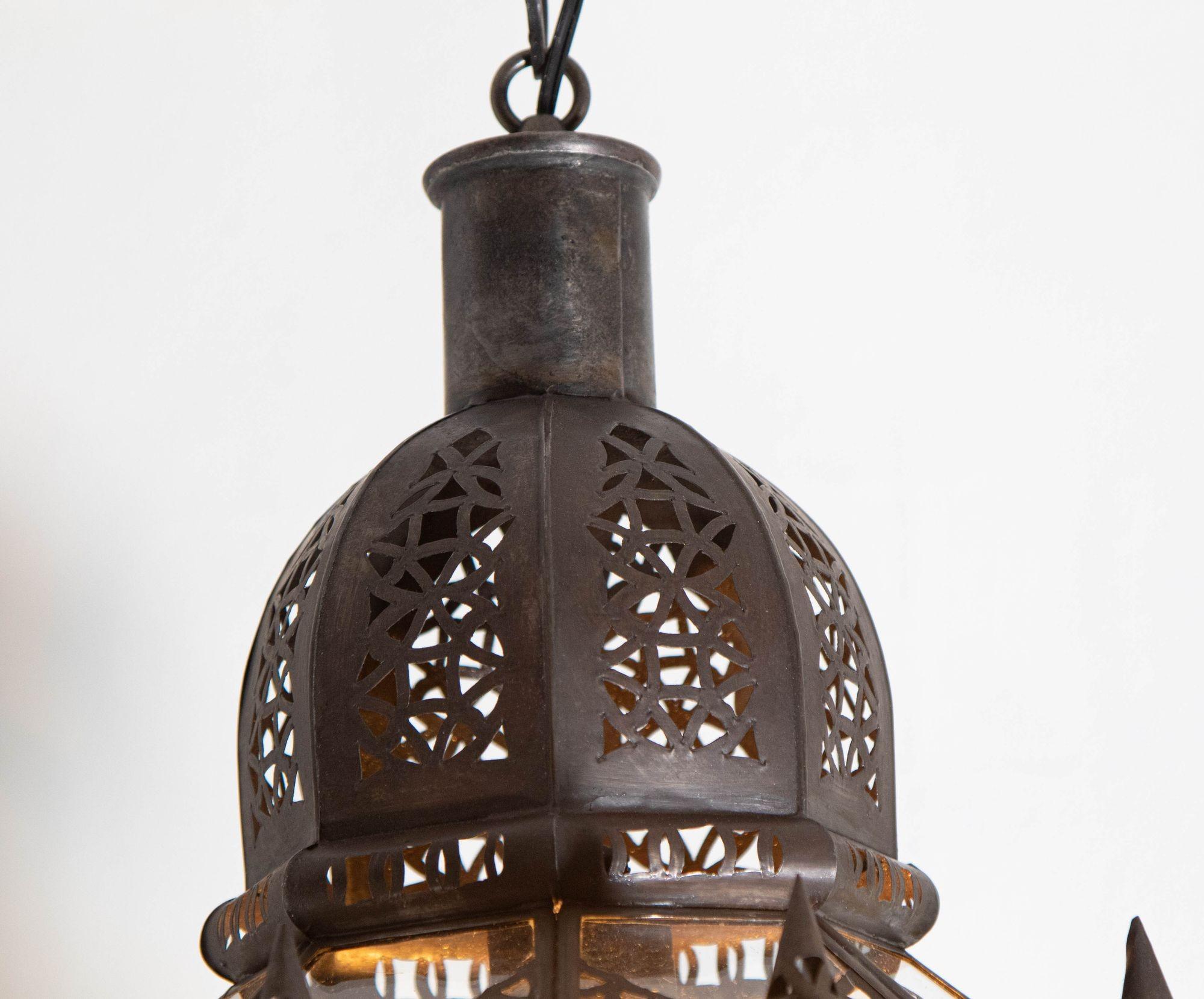 20th Century Moroccan Hanging Clear Glass Lantern in a Moorish Star Shape For Sale
