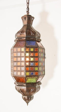 Moroccan Hanging Glass Lantern Moorish Metal Light Fixture with Stained Glass