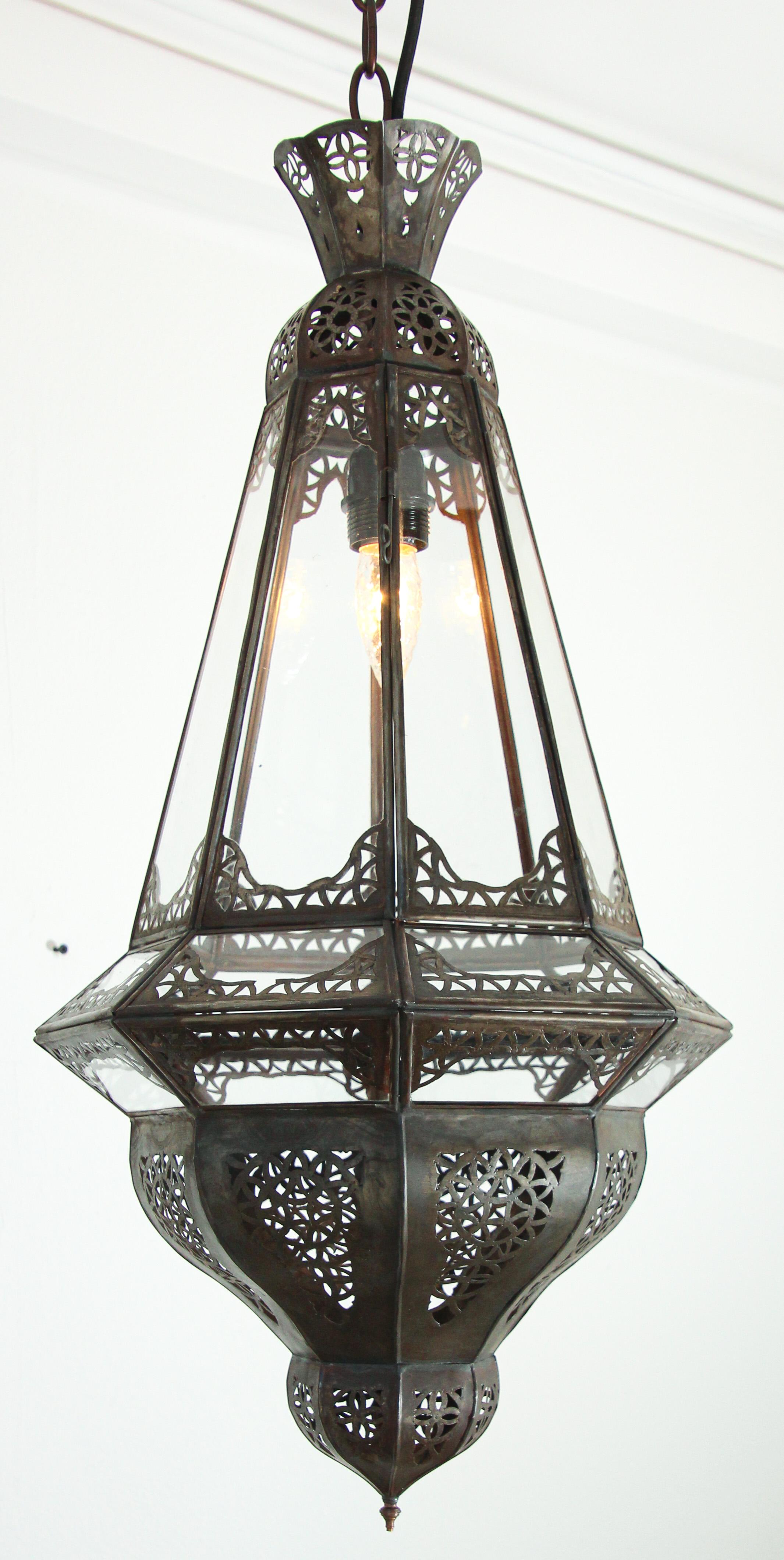 Metal Moroccan Hanging Lantern in Clear Glass For Sale