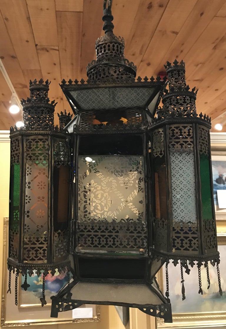 Moroccan Hanging Metal Lamp with Multicolored Glass Panels ...