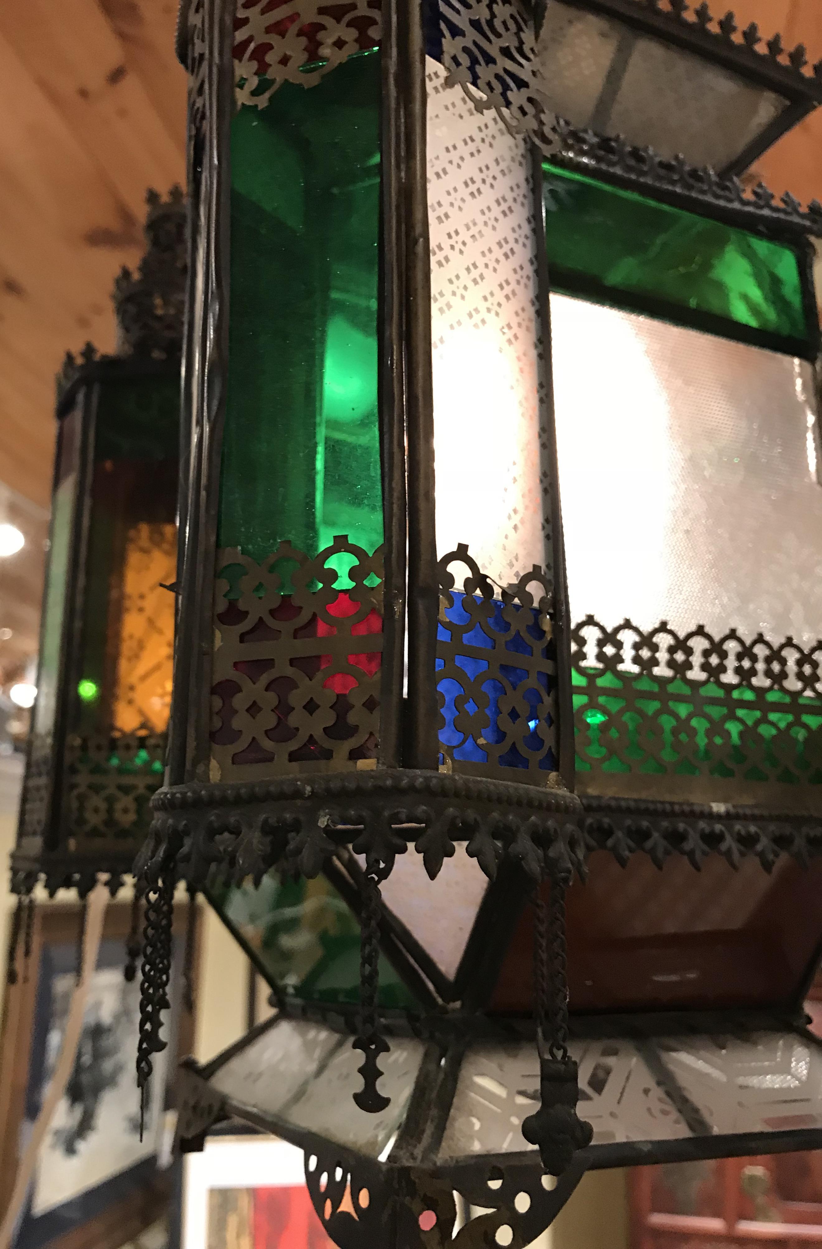 Moroccan Hanging Metal Lamp with Multicolored Glass Panels In Good Condition In Milford, NH