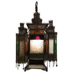 Antique Moroccan Hanging Metal Lamp with Multicolored Glass Panels