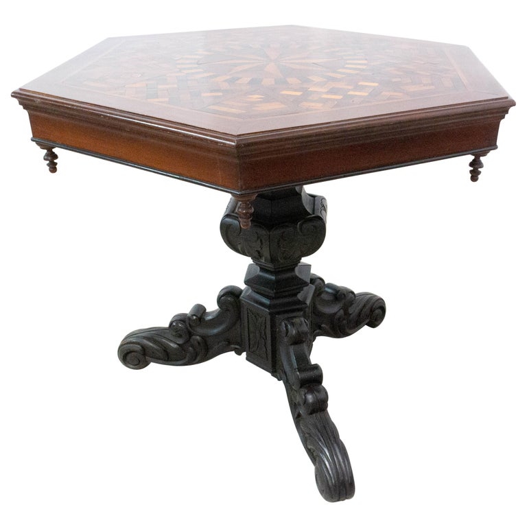 Moroccan Hexagonal Marquetry Side Table Ebonized Pedestal Table For Sale