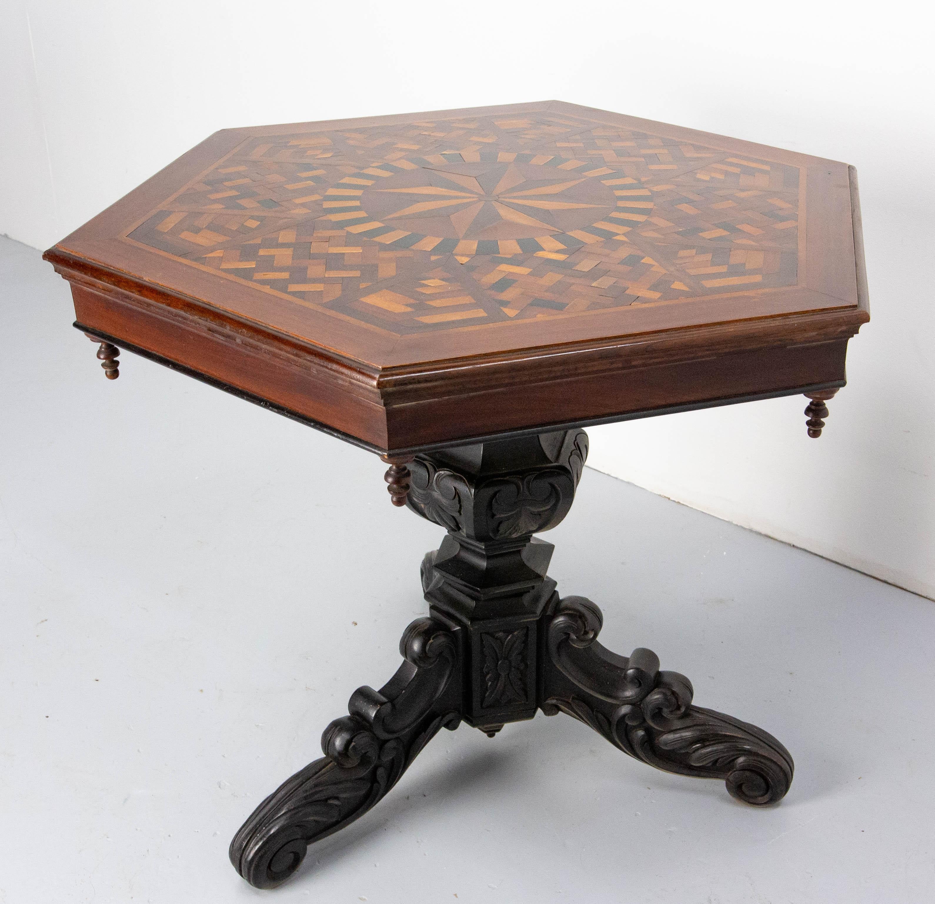 19th Century Moroccan Hexagonal Marquetry Side Table Ebonized Pedestal Table For Sale