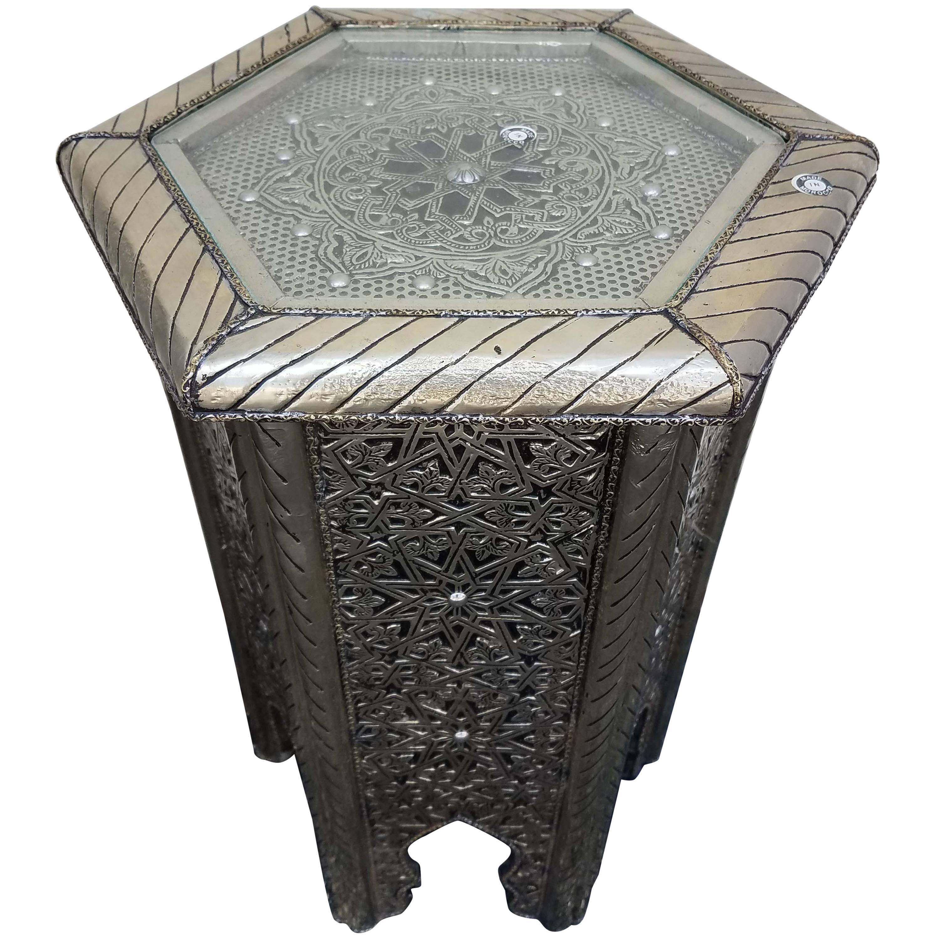 Moroccan Hexagonal Metal Inlaid Side Table