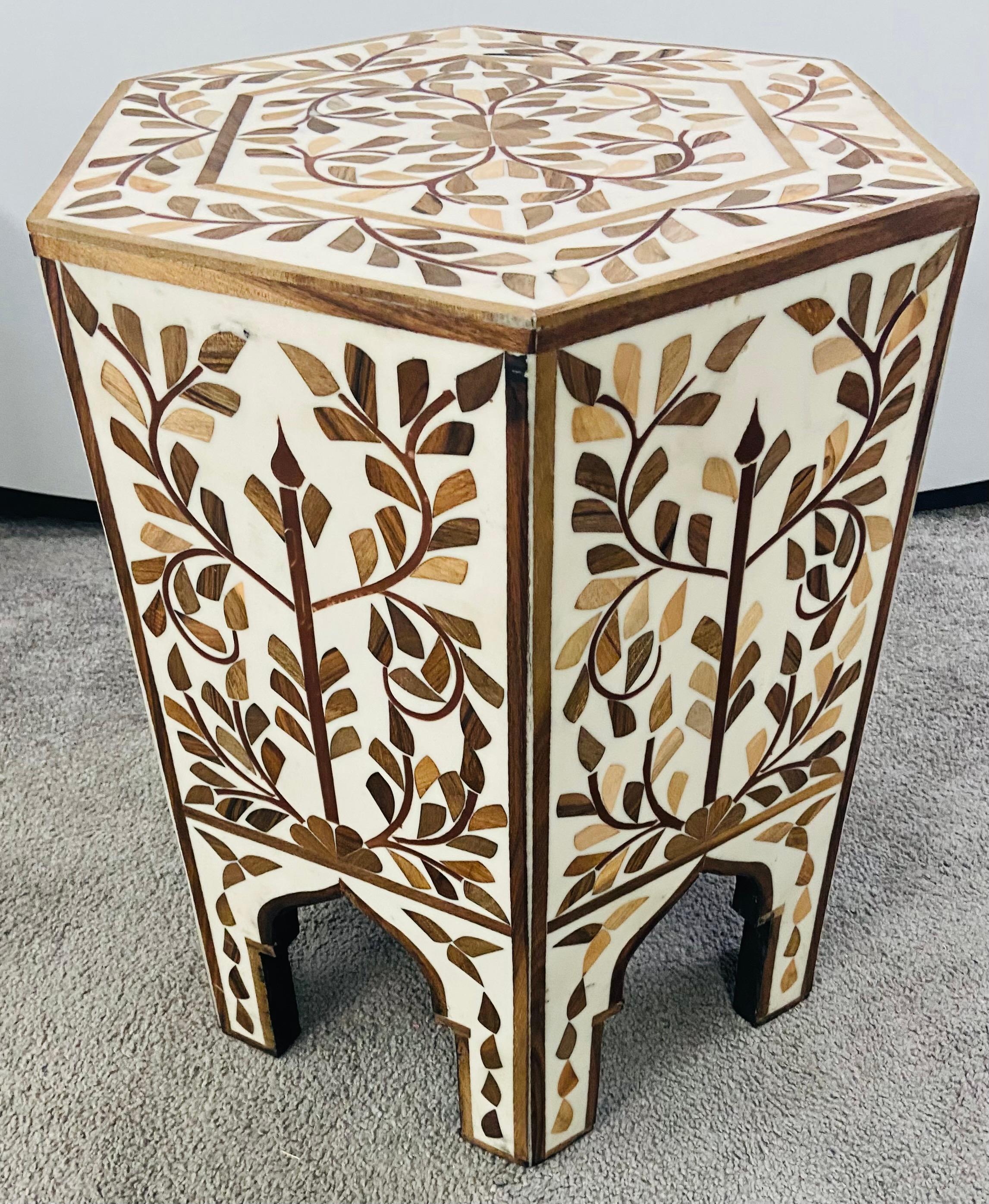 Moroccan Hexagonal Side, End Table with Leaf Design, a Pair 4