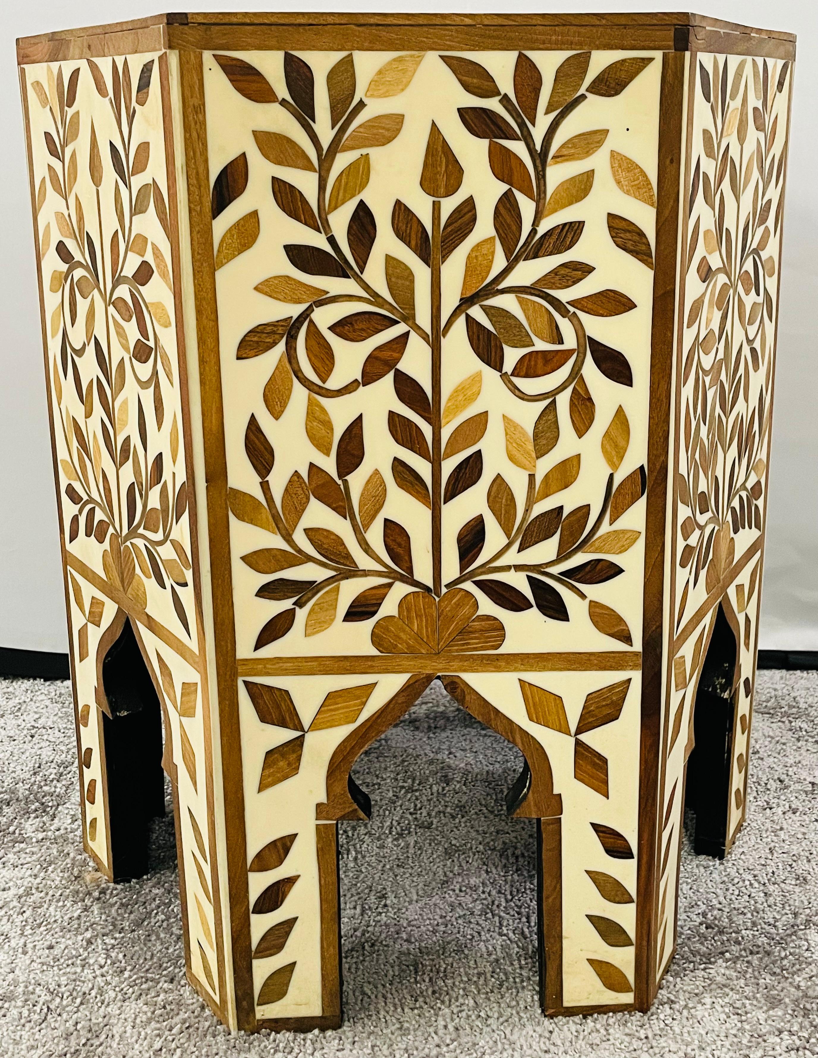 Moroccan Hexagonal Side, End Table with leaf Design, a Pair 7