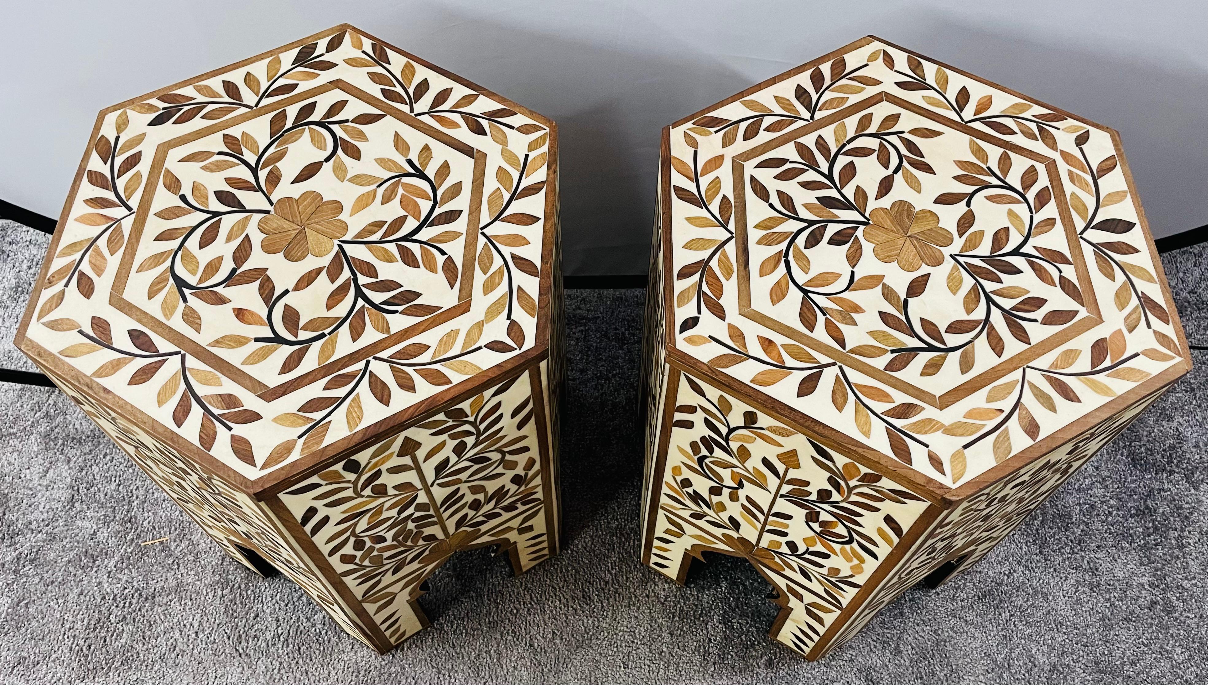 Moorish Moroccan Hexagonal Side, End Table with leaf Design, a Pair