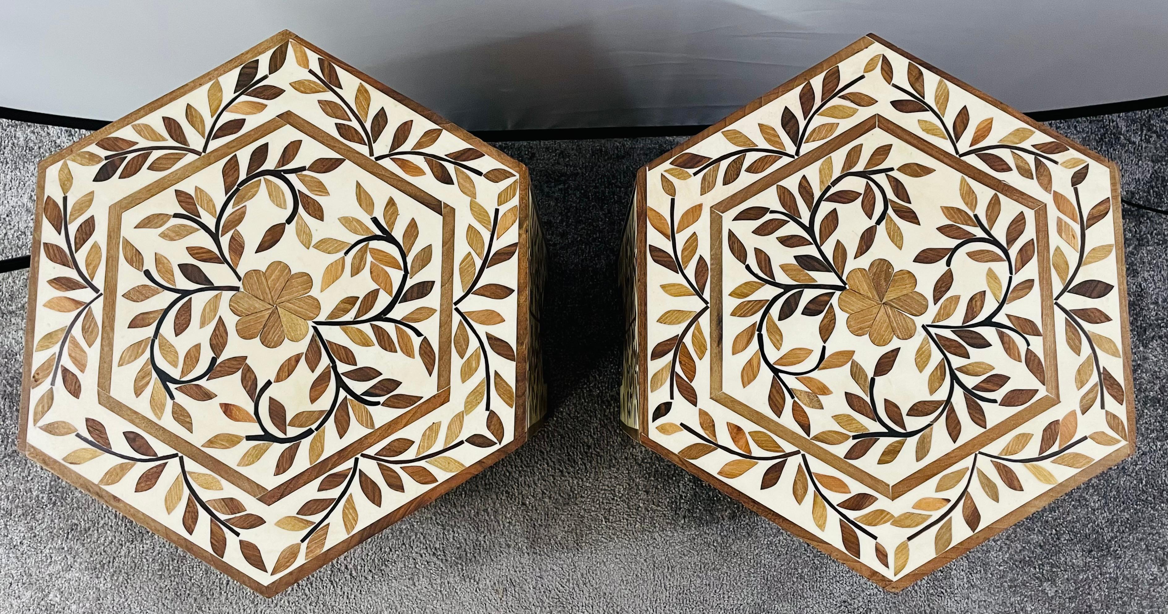 Moroccan Hexagonal Side, End Table with leaf Design, a Pair In Good Condition In Plainview, NY