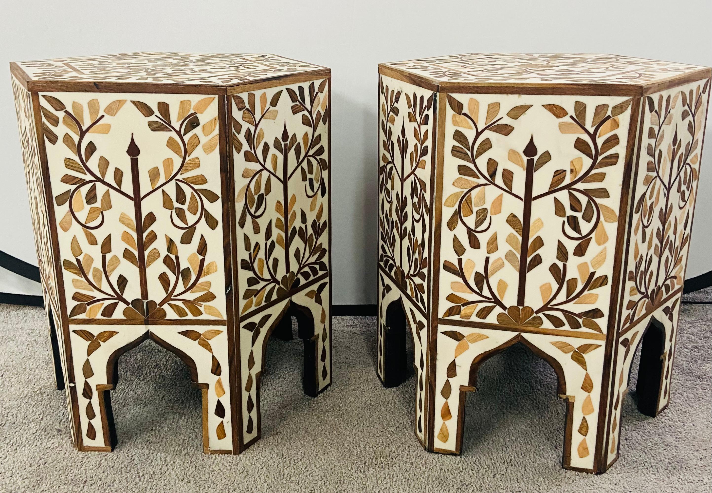Moorish Moroccan Hexagonal Side, End Table with Leaf Design, a Pair