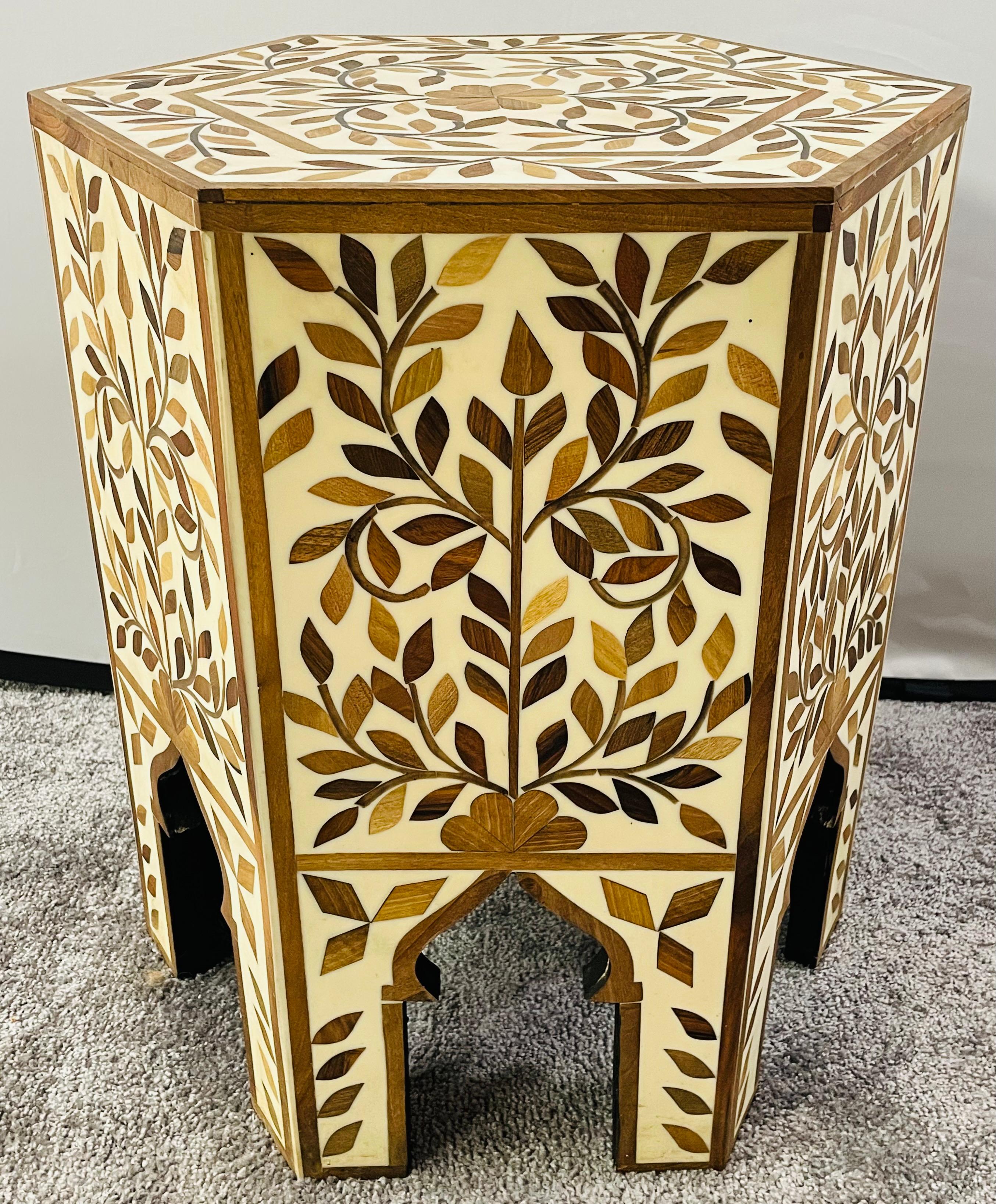 Late 20th Century Moroccan Hexagonal Side, End Table with leaf Design, a Pair