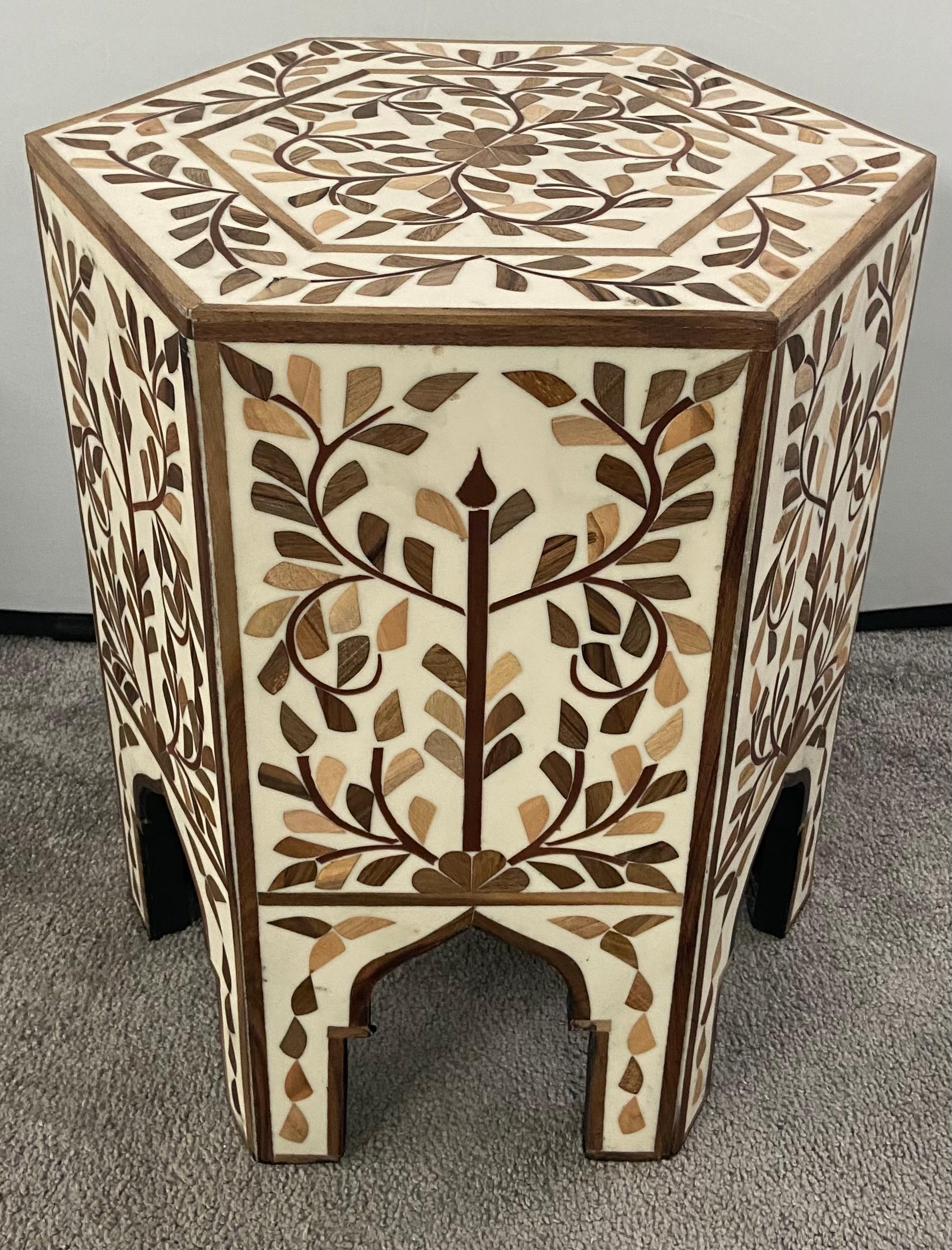 Moroccan Hexagonal Side, End Table with Leaf Design, a Pair In Good Condition In Plainview, NY