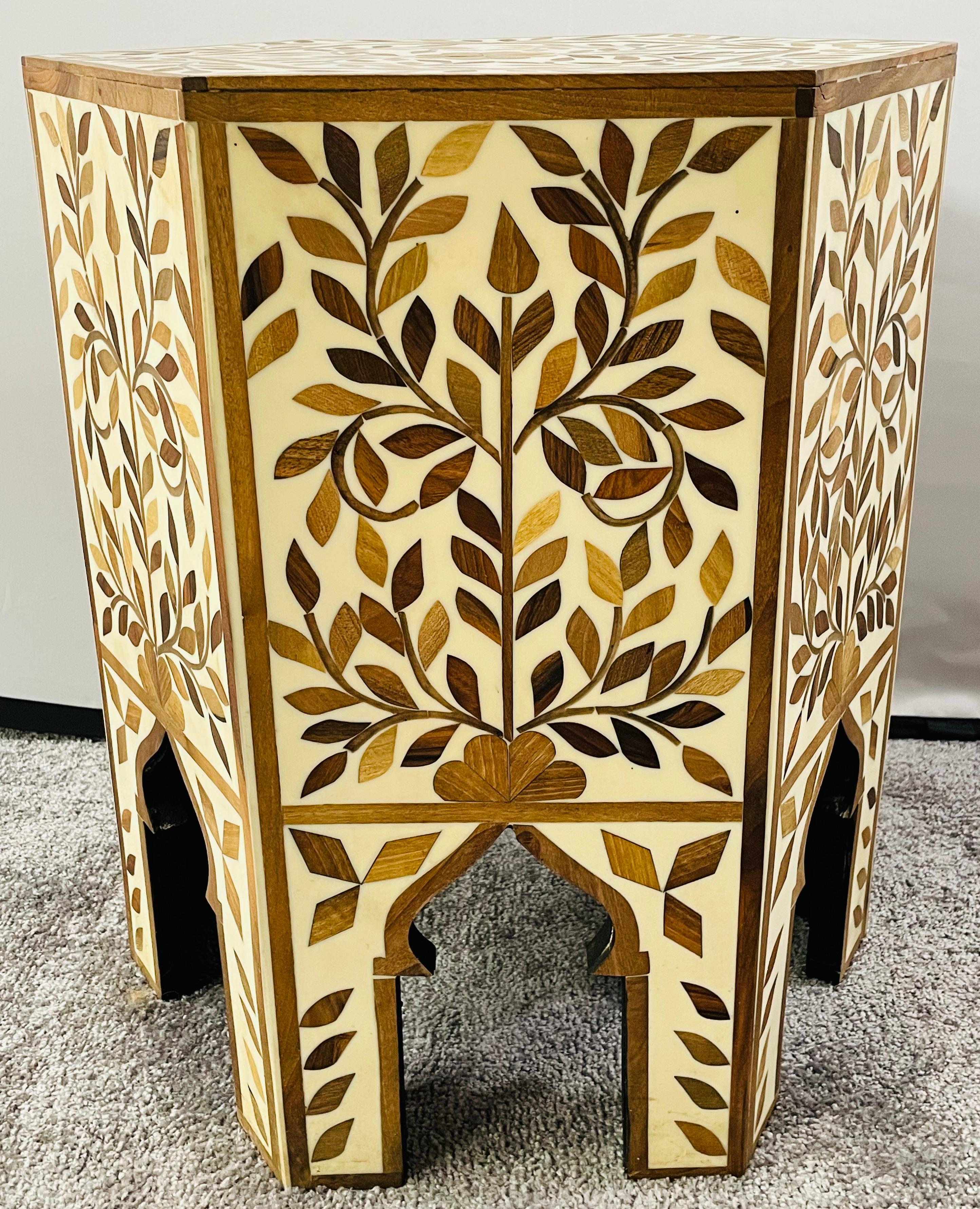 Wood Moroccan Hexagonal Side, End Table with leaf Design, a Pair