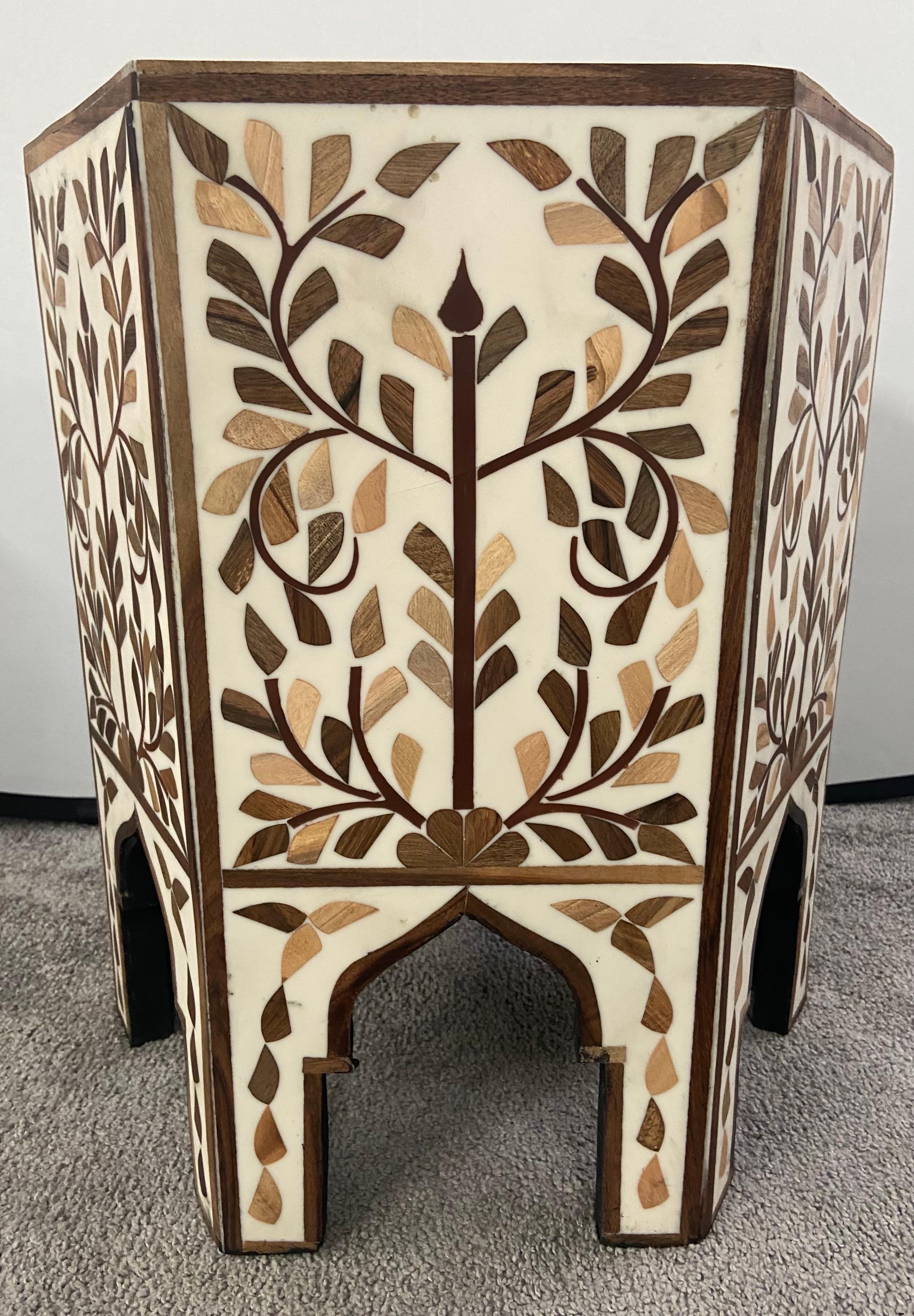 Late 20th Century Moroccan Hexagonal Side, End Table with Leaf Design, a Pair