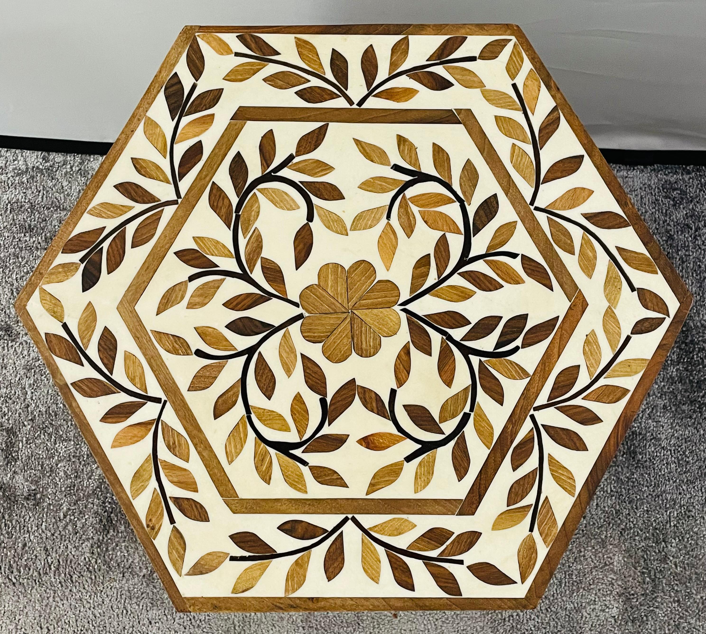 Moroccan Hexagonal Side, End Table with leaf Design, a Pair 1