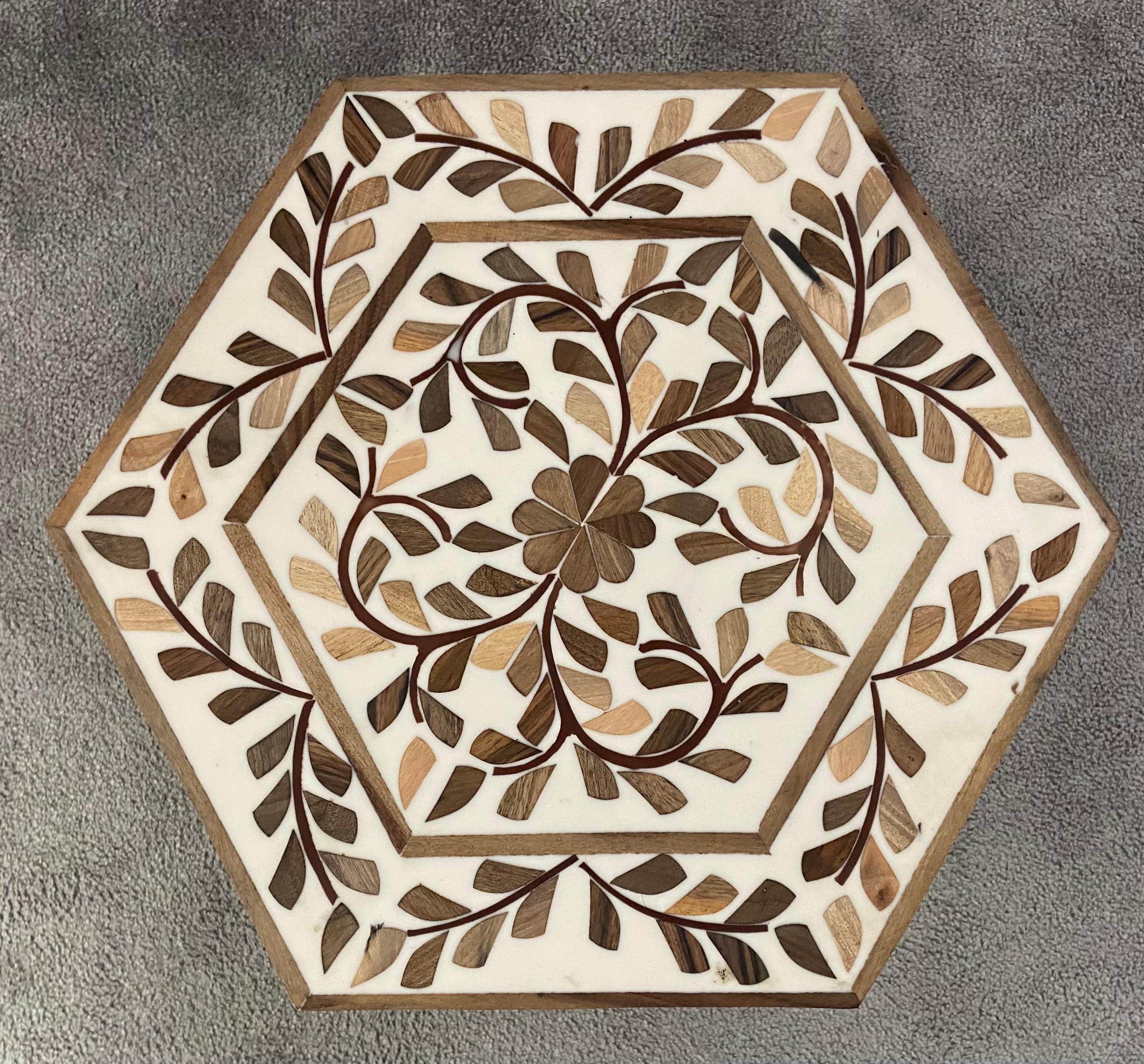 Wood Moroccan Hexagonal Side, End Table with Leaf Design, a Pair