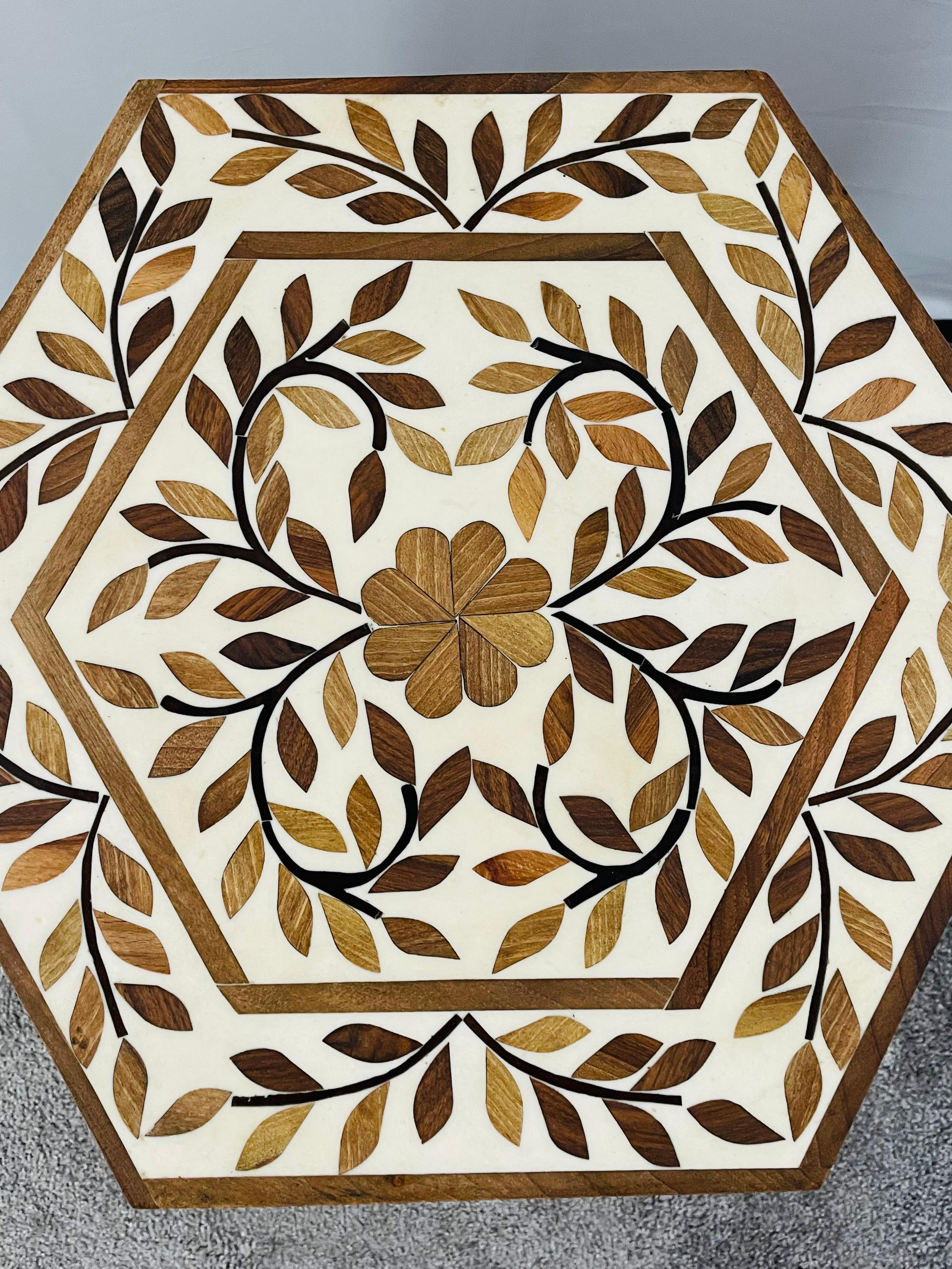 Moroccan Hexagonal Side, End Table with leaf Design, a Pair 2