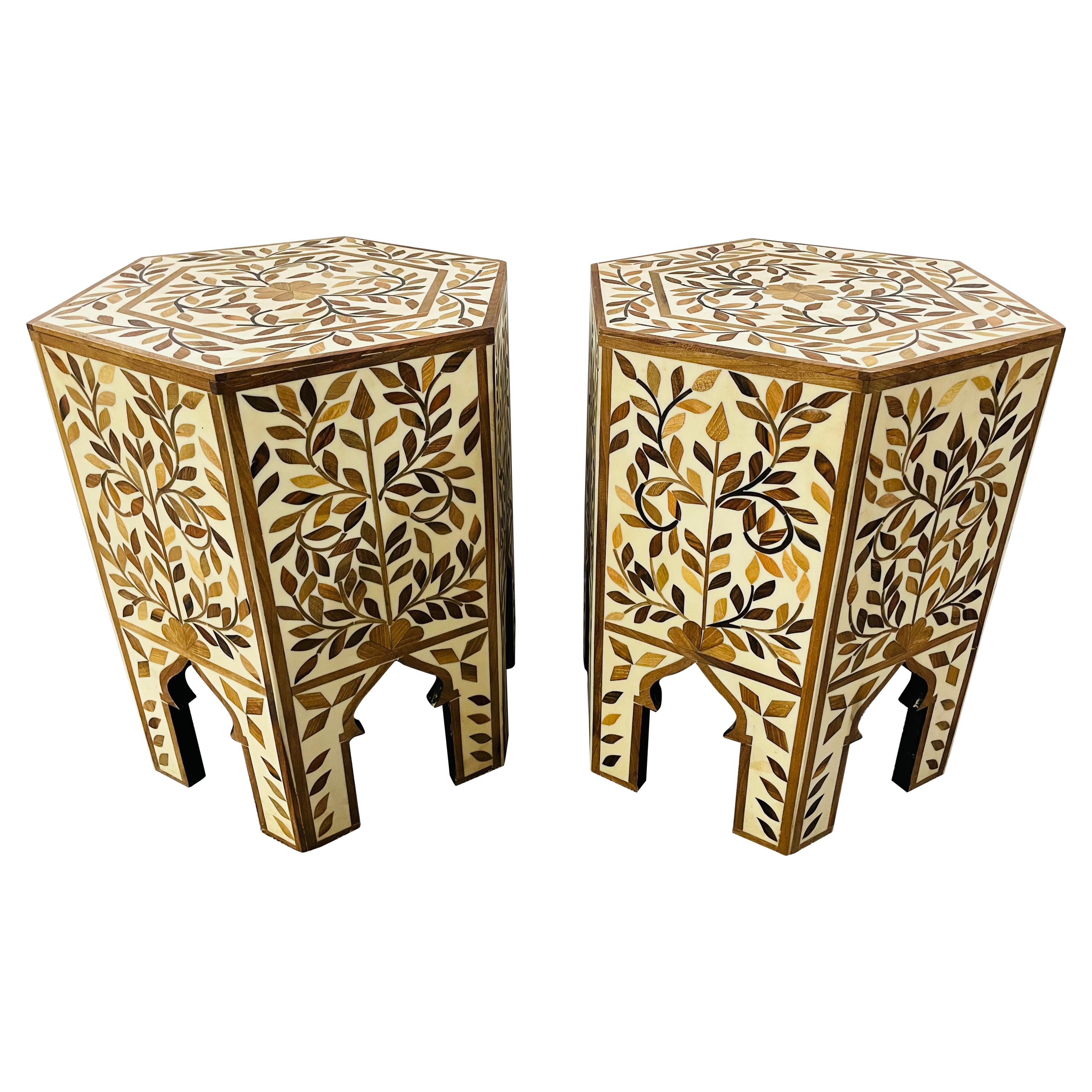 Moroccan Hexagonal Side, End Table with leaf Design, a Pair