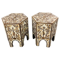 Moroccan Hexagonal Side, End Table with Leaf Design, a Pair