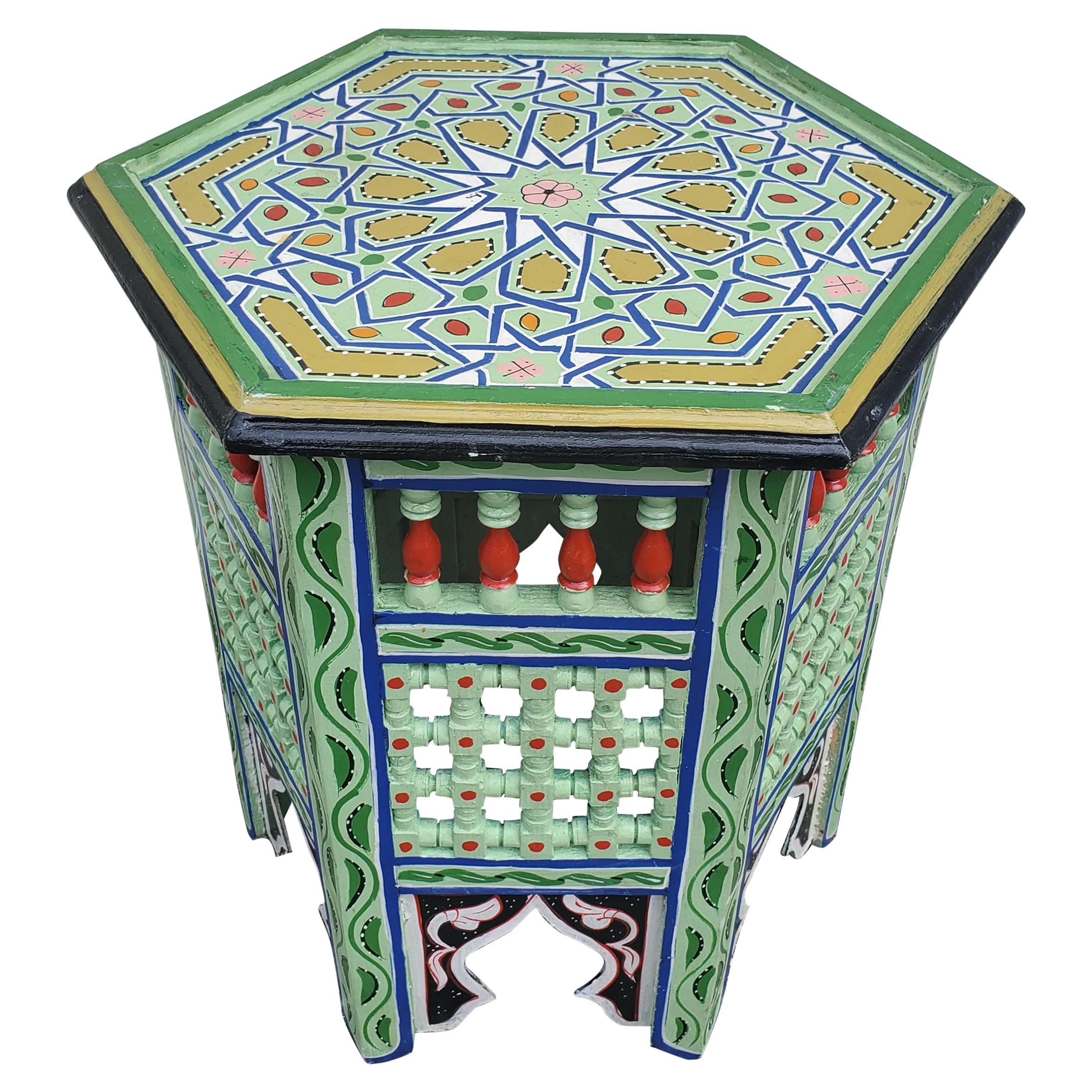 Moroccan Hexagonal Wooden End Table, 2LM24 For Sale