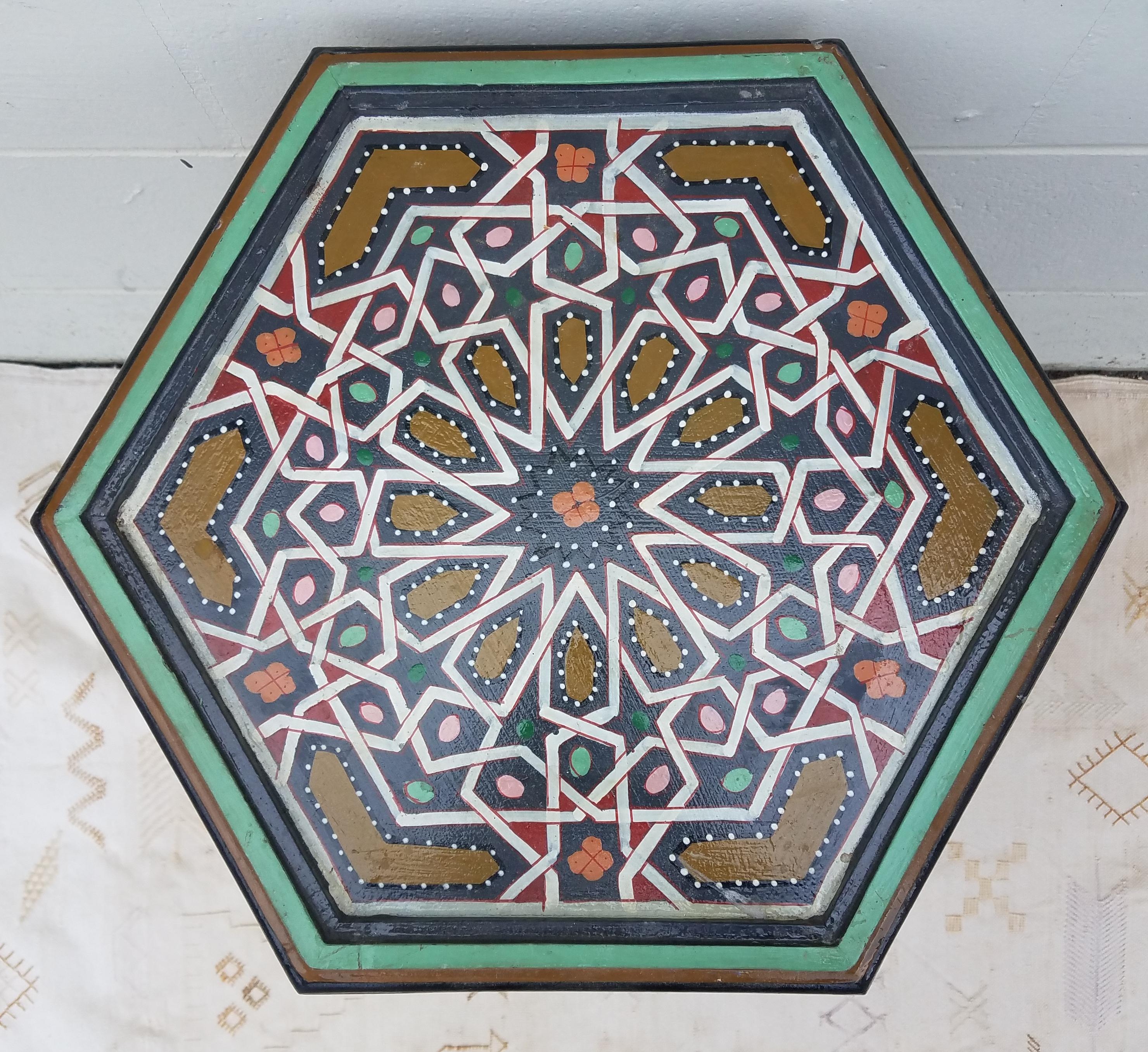 Moroccan Hexagonal Wooden End Table, Hand Painted 1 For Sale 1