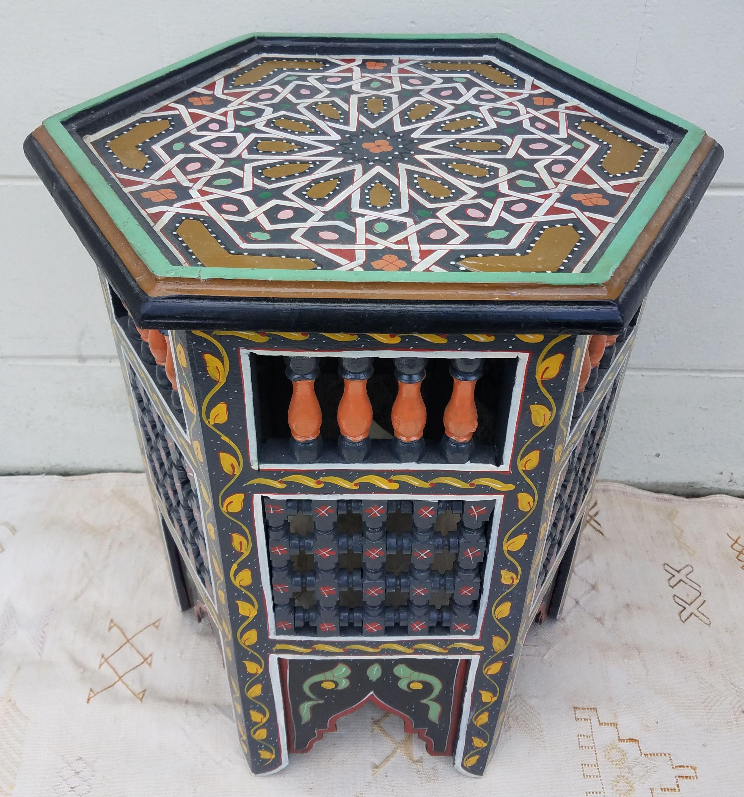 Moroccan Hexagonal Wooden End Table, Hand Painted 1 For Sale 2