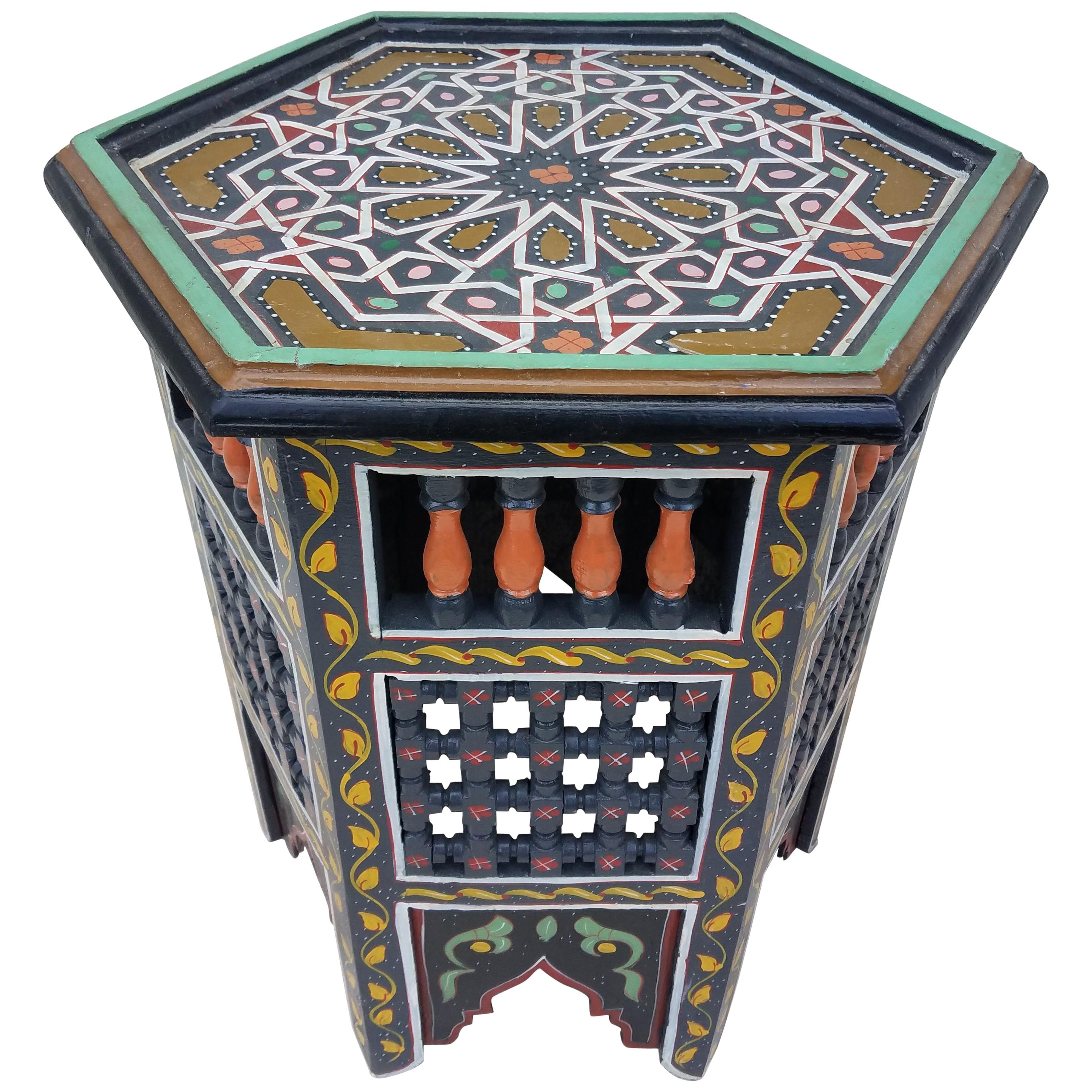 Moroccan Hexagonal Wooden End Table, Hand Painted 1 For Sale