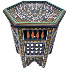 Moroccan Hexagonal Wooden End Table, Hand Painted 1