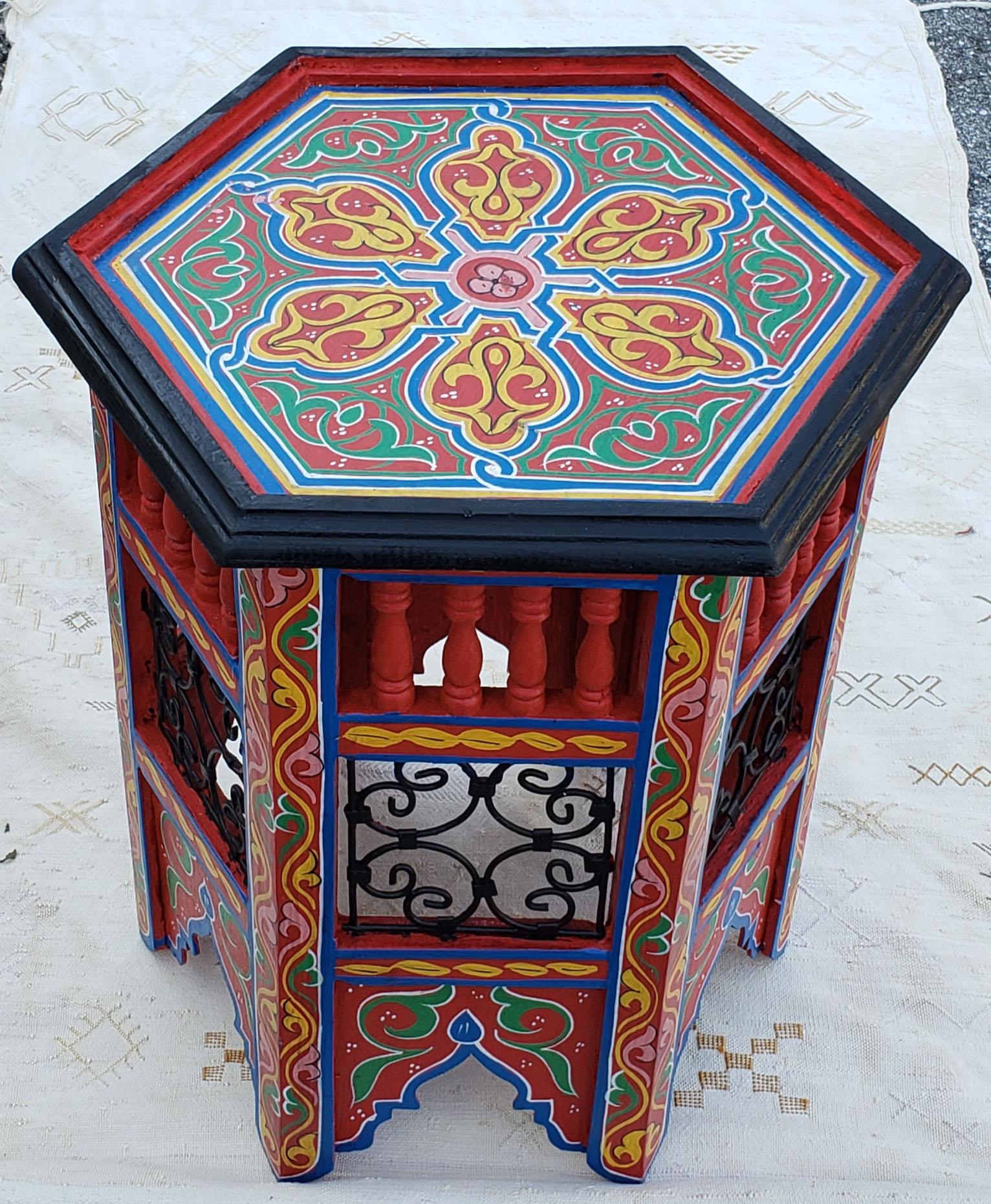 Contemporary Moroccan Hexagonal Wooden End Table, Hand Painted 12 For Sale