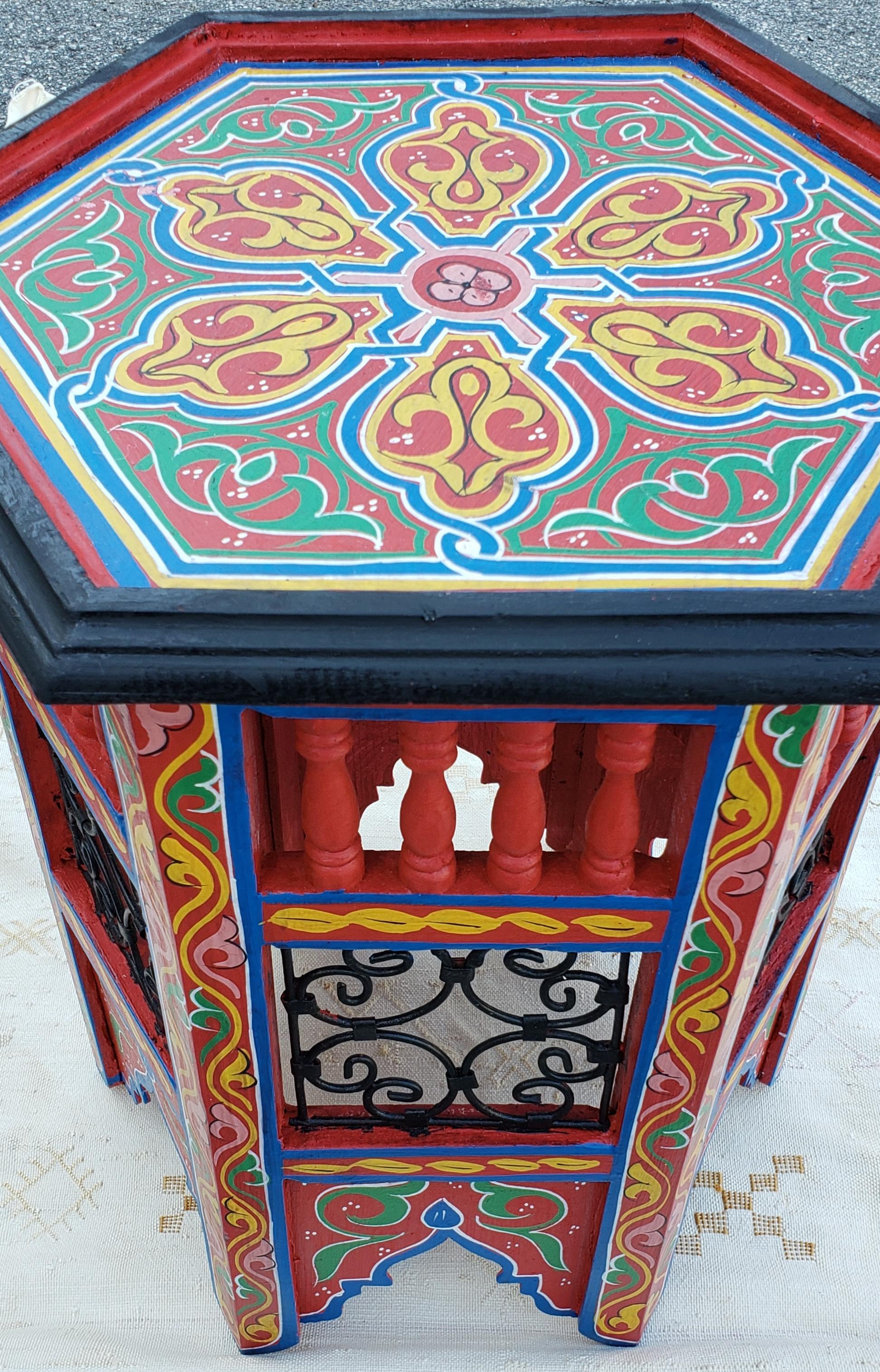 Moroccan Hexagonal Wooden End Table, Hand Painted 12 For Sale 1