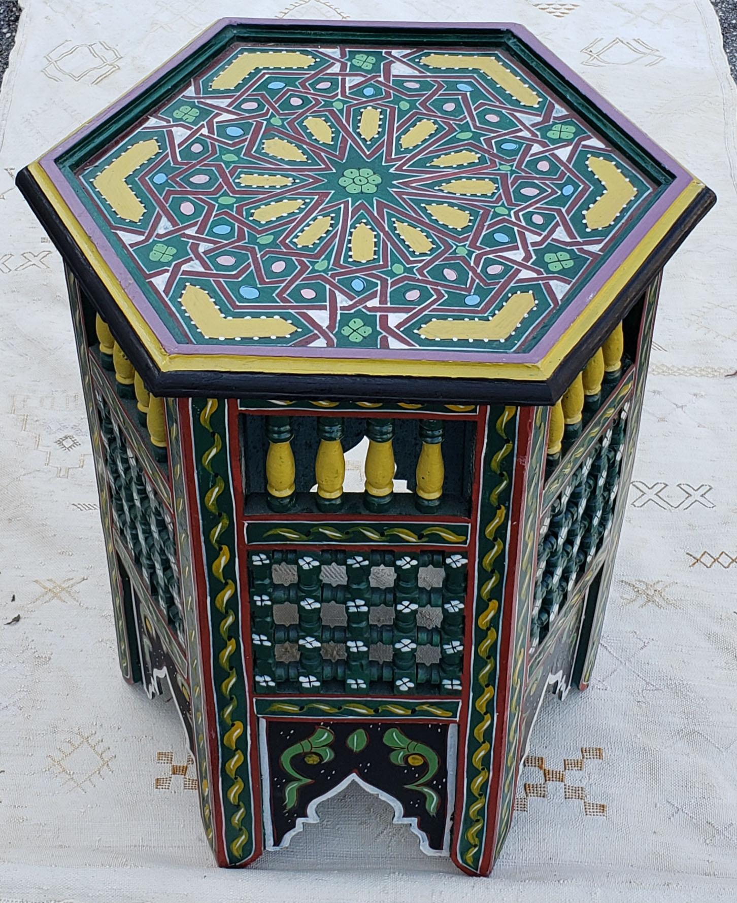 Contemporary Moroccan Hexagonal Wooden End Table, Hand Painted 13 For Sale
