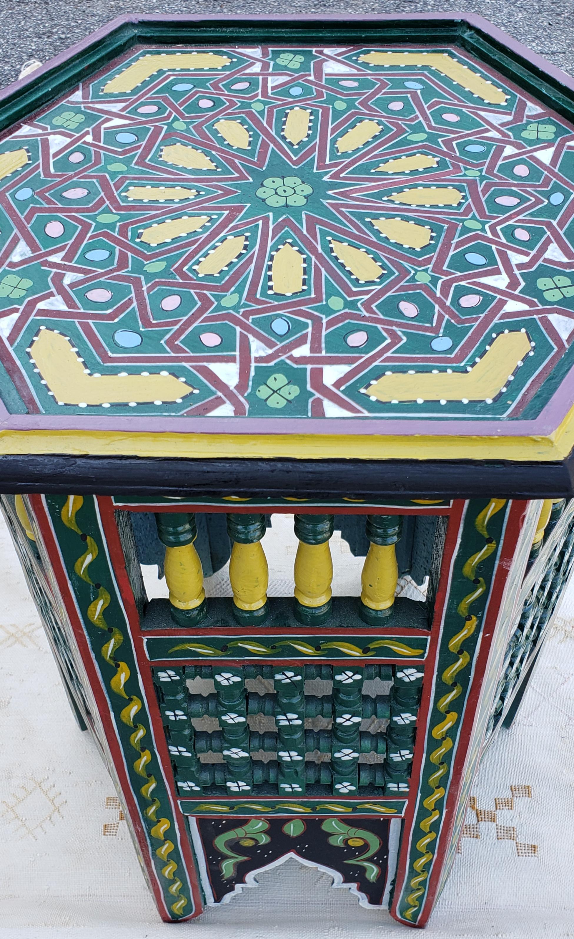 Moroccan Hexagonal Wooden End Table, Hand Painted 13 For Sale 1