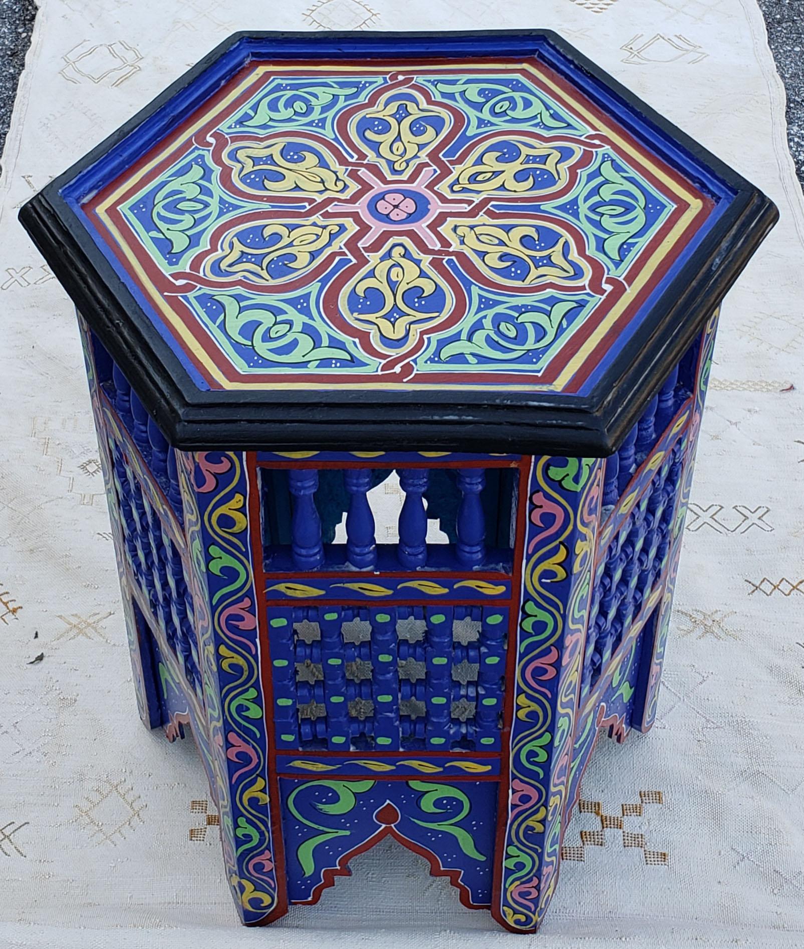 Contemporary Moroccan Hexagonal Wooden End Table, Hand Painted 14