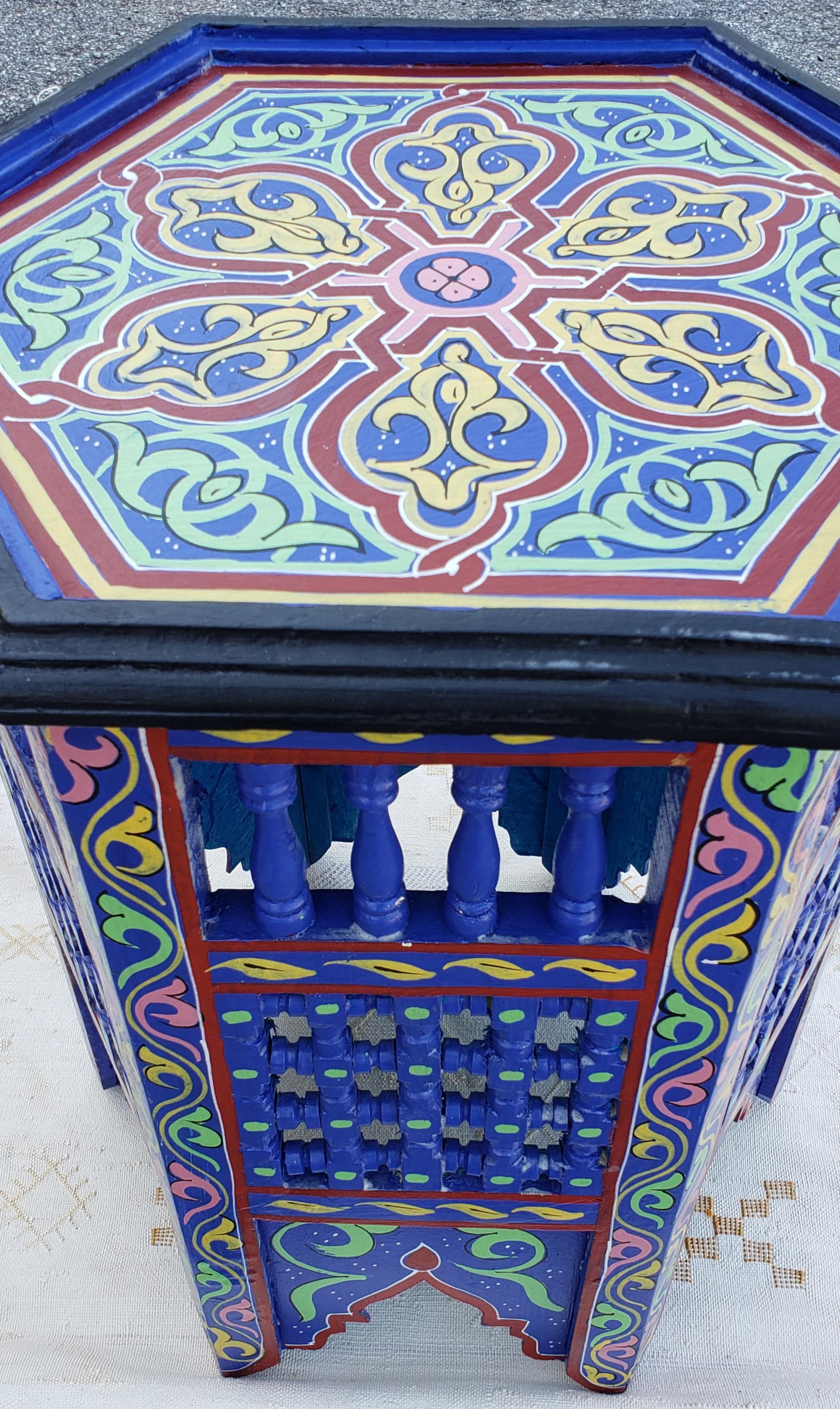 Moroccan Hexagonal Wooden End Table, Hand Painted 14 1
