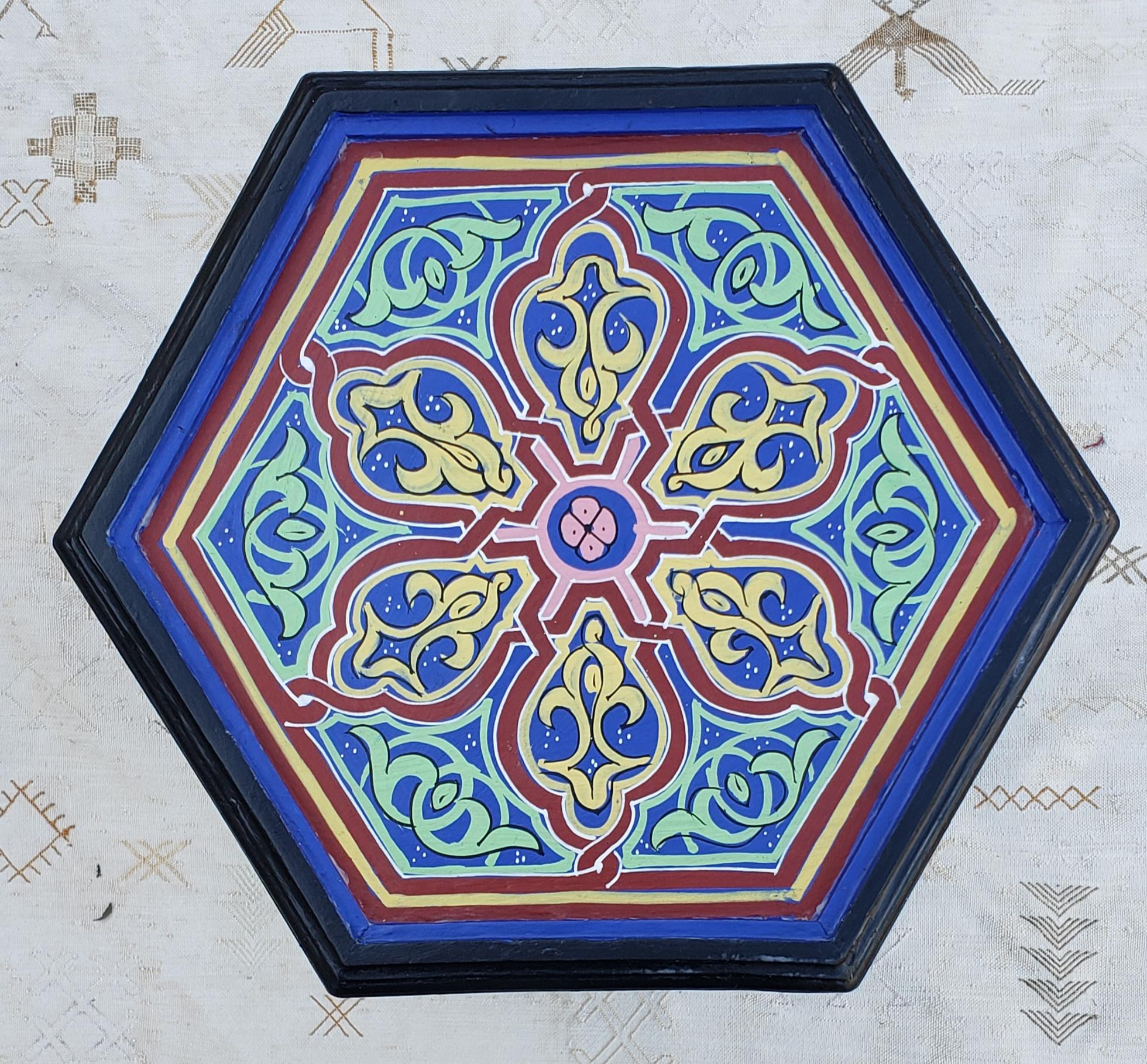 Moroccan Hexagonal Wooden End Table, Hand Painted 14 2
