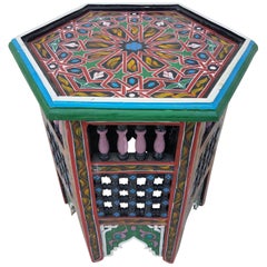 Moroccan Hexagonal Wooden End Table, Hand Painted 2