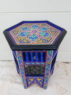 Moroccan Hexagonal Wooden End Table, Hand Painted 3
