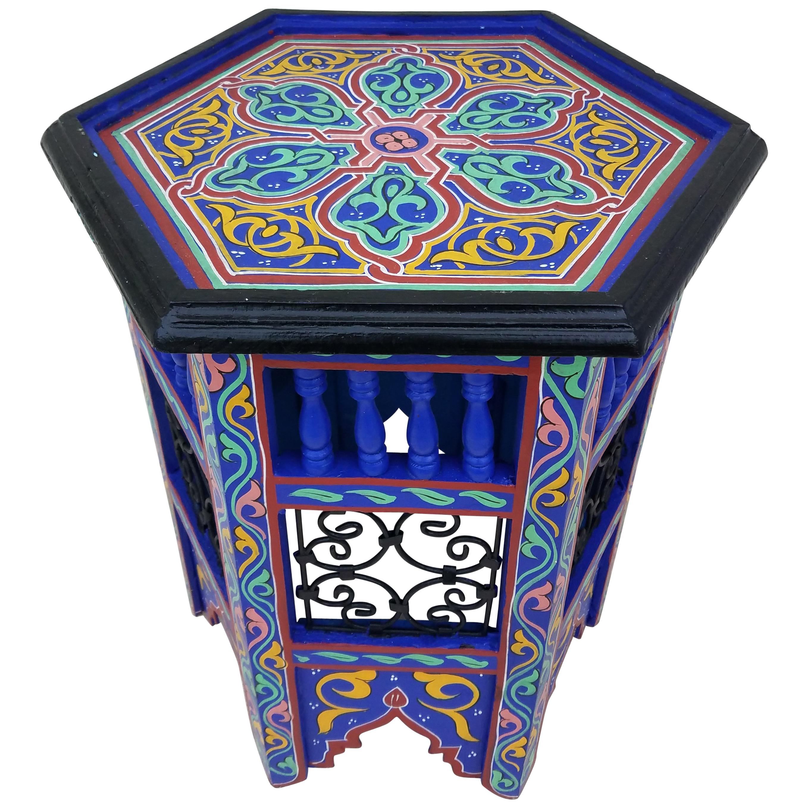 Moroccan Hexagonal Wooden End Table, Hand Painted 3