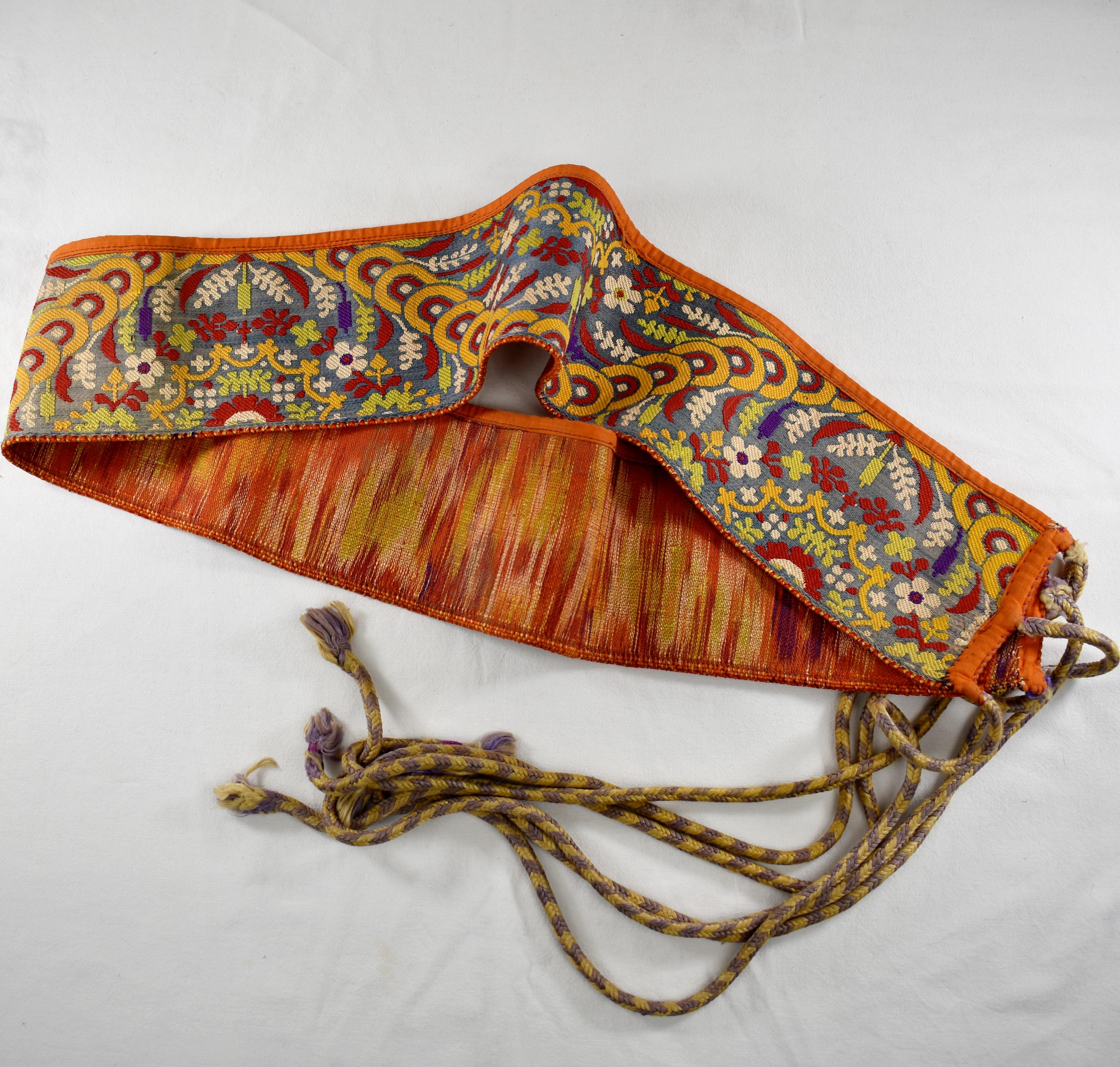 Rare, handwoven silk lampas, Hezam - Moroccan wedding sash, with long silk tassels.
Worn by the bride.
Fez 19th century Morocco.
 